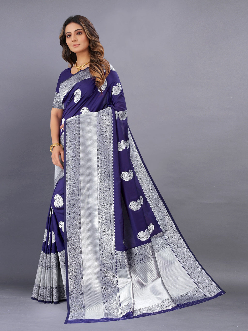 Vedant Vastram Soft Litchi Silk Banarasi Silk Saree - Navy