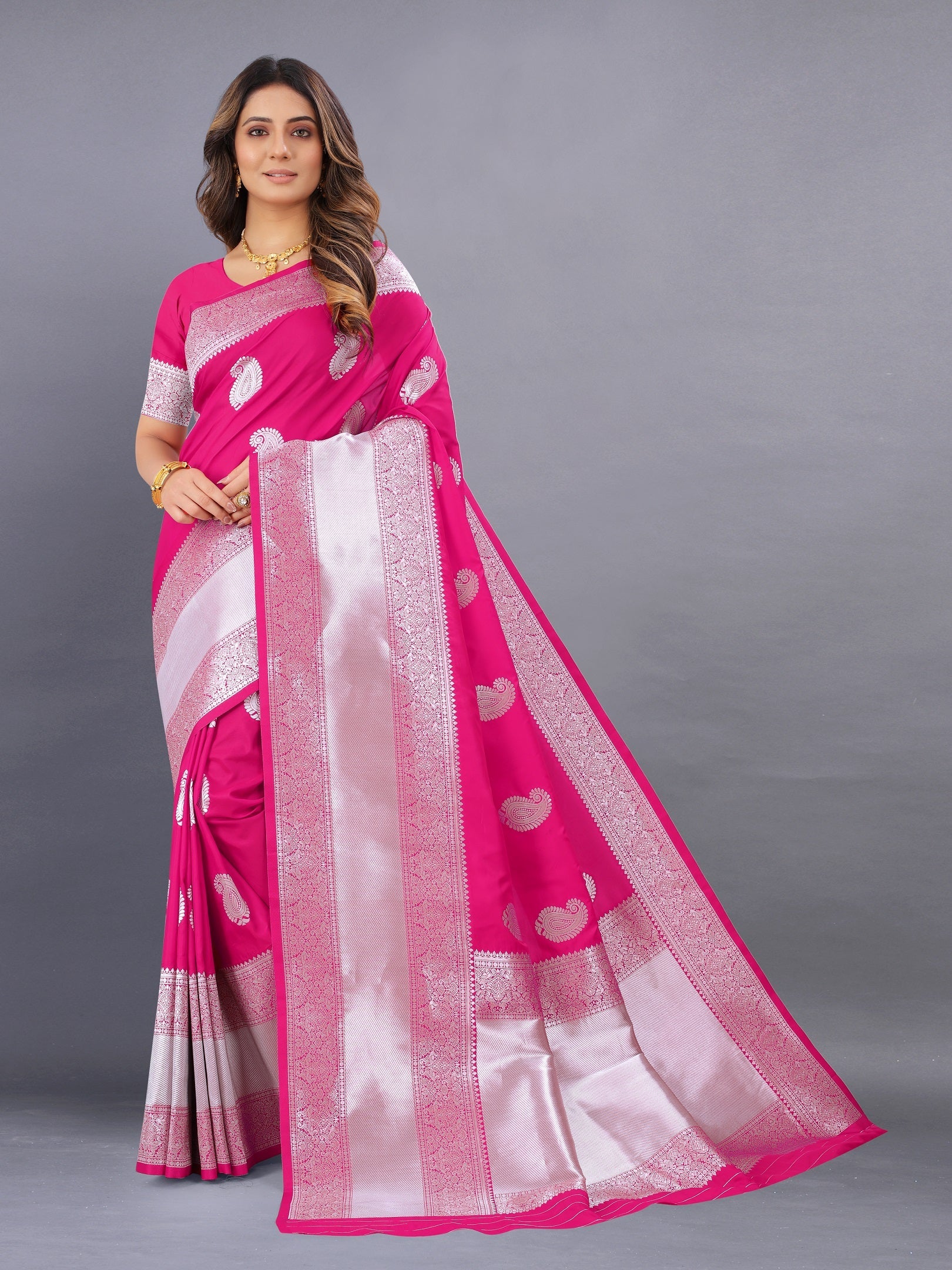 Vedant Vastram Soft Litchi Silk Banarasi Silk Saree - Pink