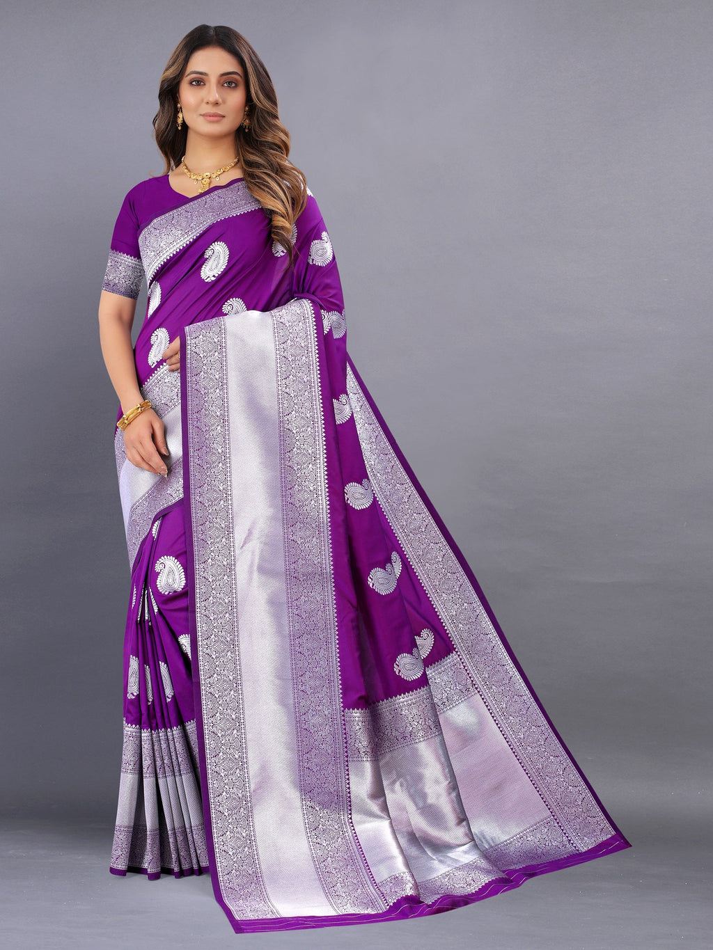 Vedant Vastram Soft Litchi Silk Banarasi Silk Saree - Purple