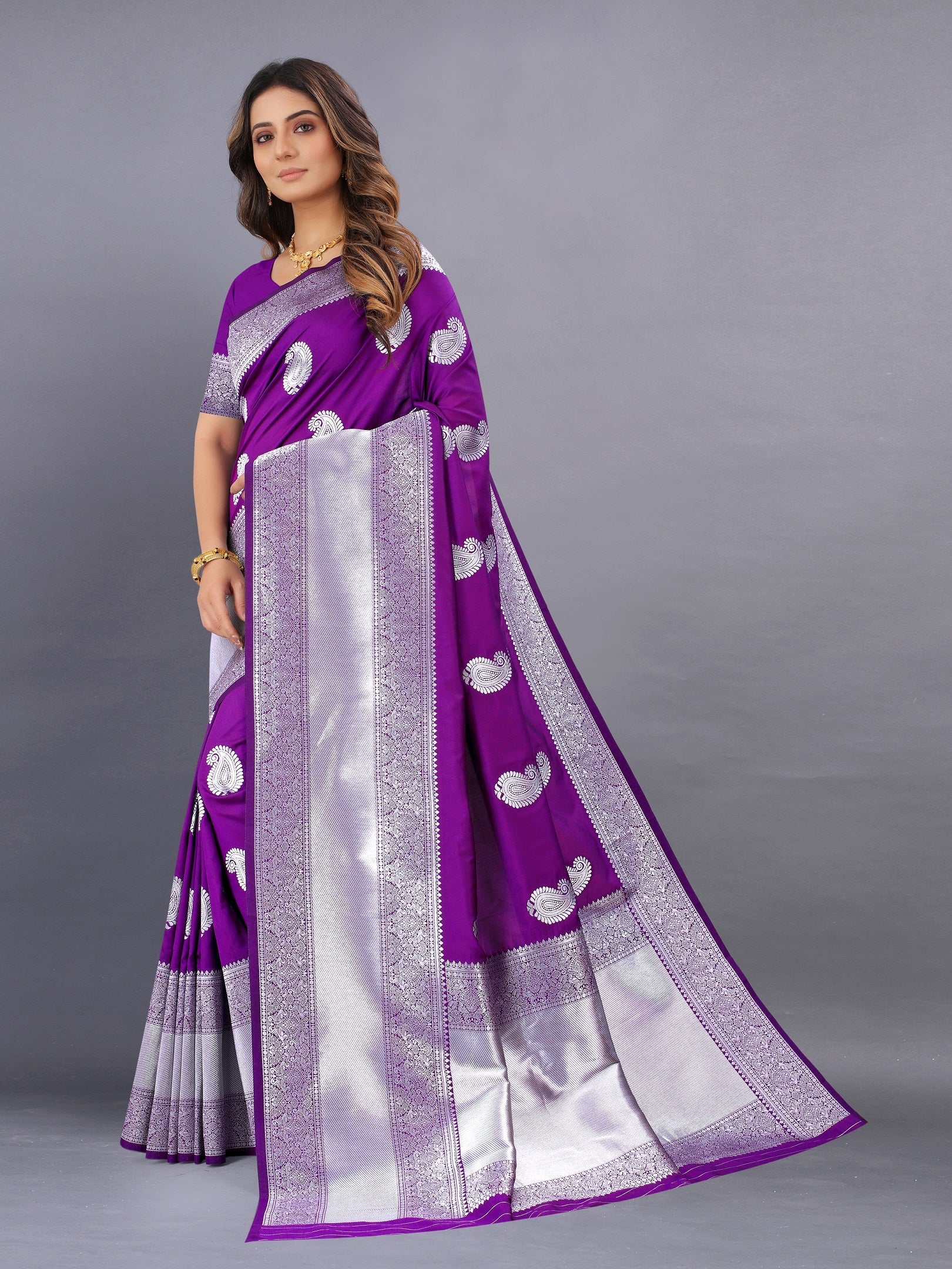 Vedant Vastram Soft Litchi Silk Banarasi Silk Saree - Purple
