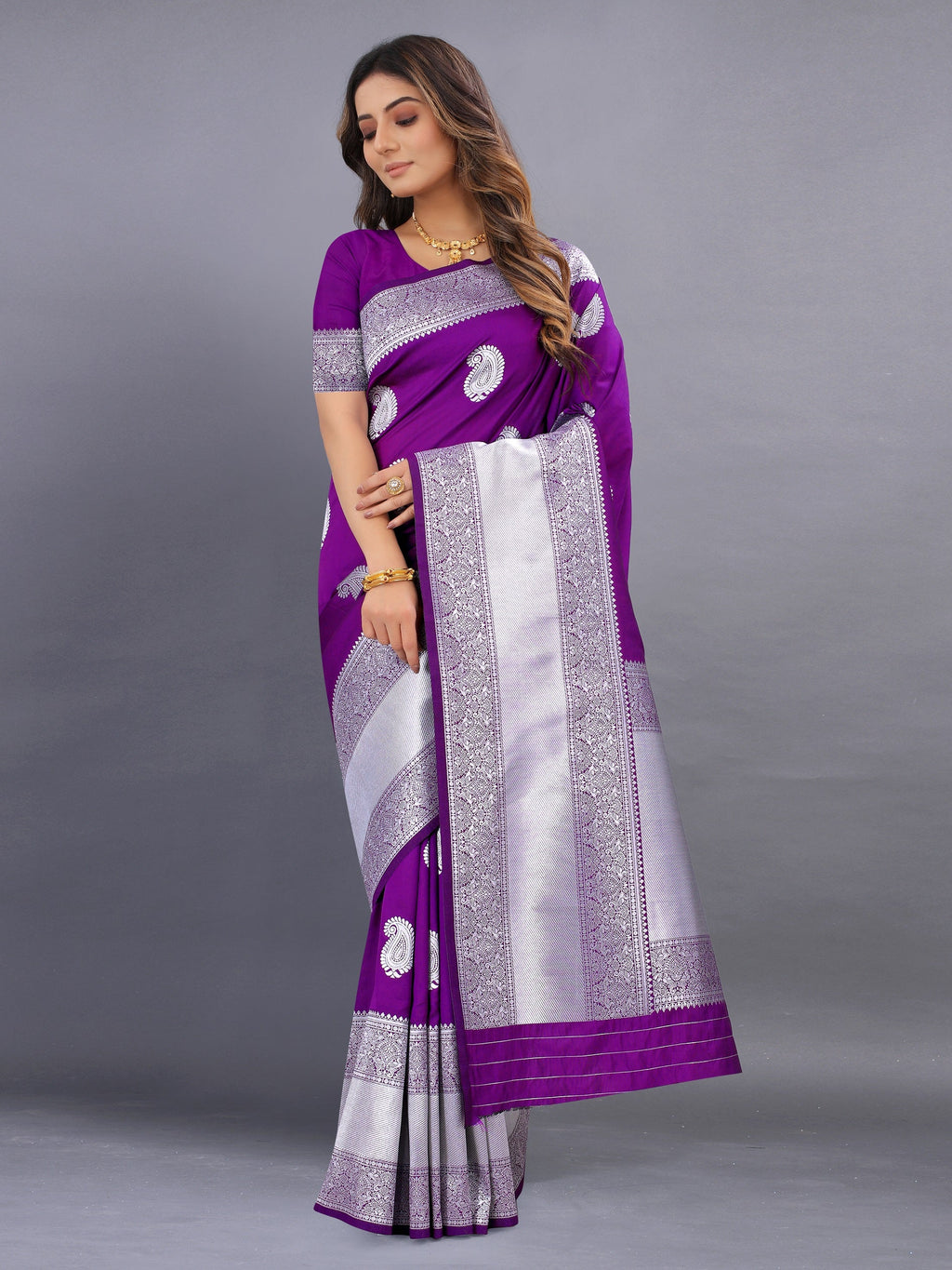 Vedant Vastram Soft Litchi Silk Banarasi Silk Saree - Purple