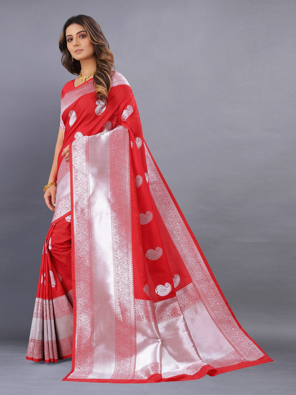 Vedant Vastram Soft Litchi Silk Banarasi Silk Saree - Red