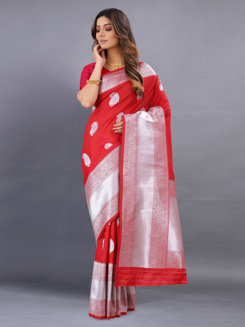 Vedant Vastram Soft Litchi Silk Banarasi Silk Saree - Red