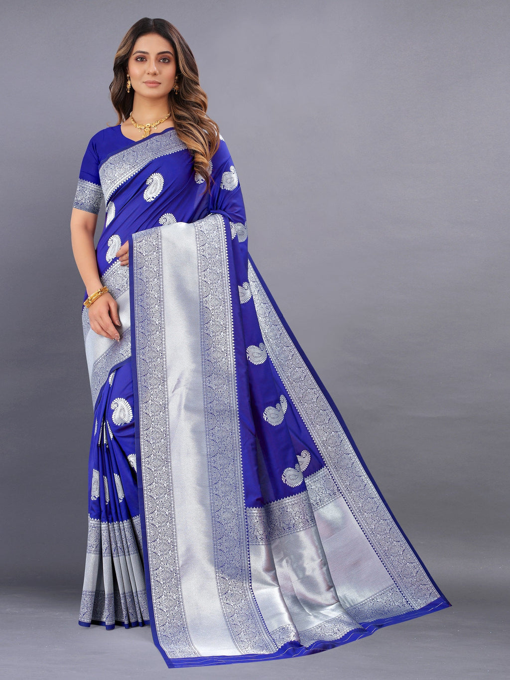 Vedant Vastram Soft Litchi Silk Banarasi Silk Saree - Royal Blue