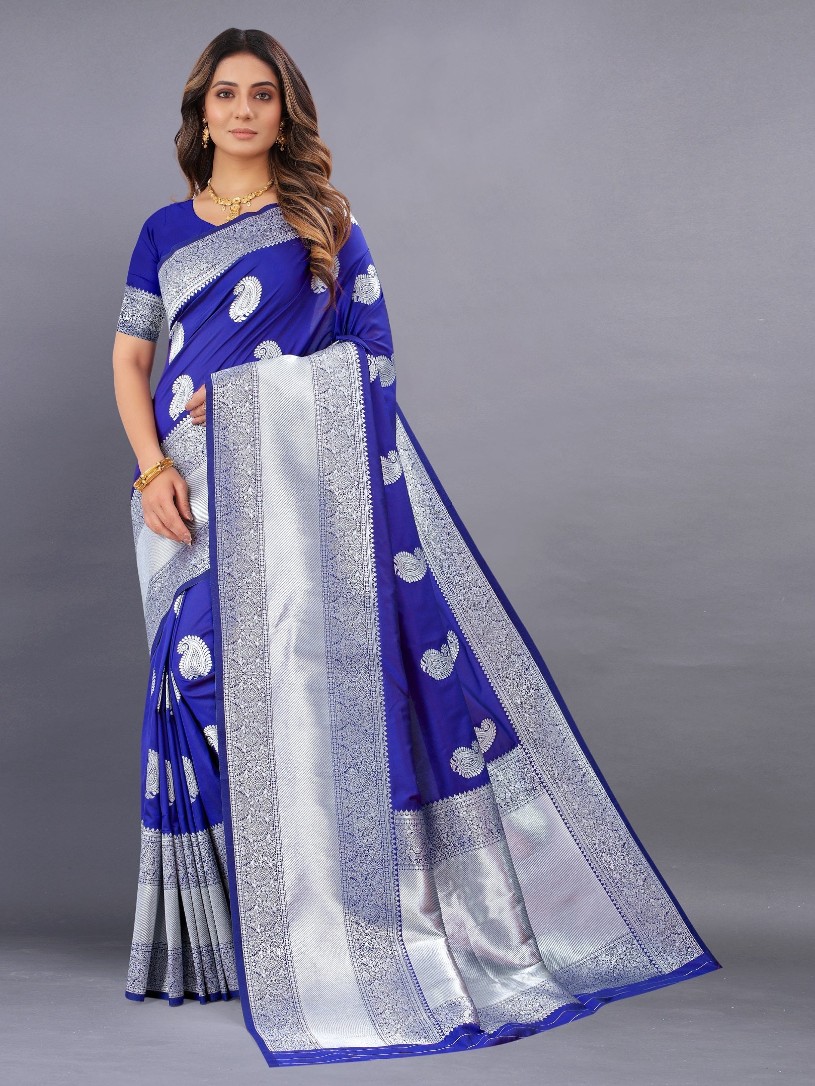 Vedant Vastram Soft Litchi Silk Banarasi Silk Saree - Royal Blue