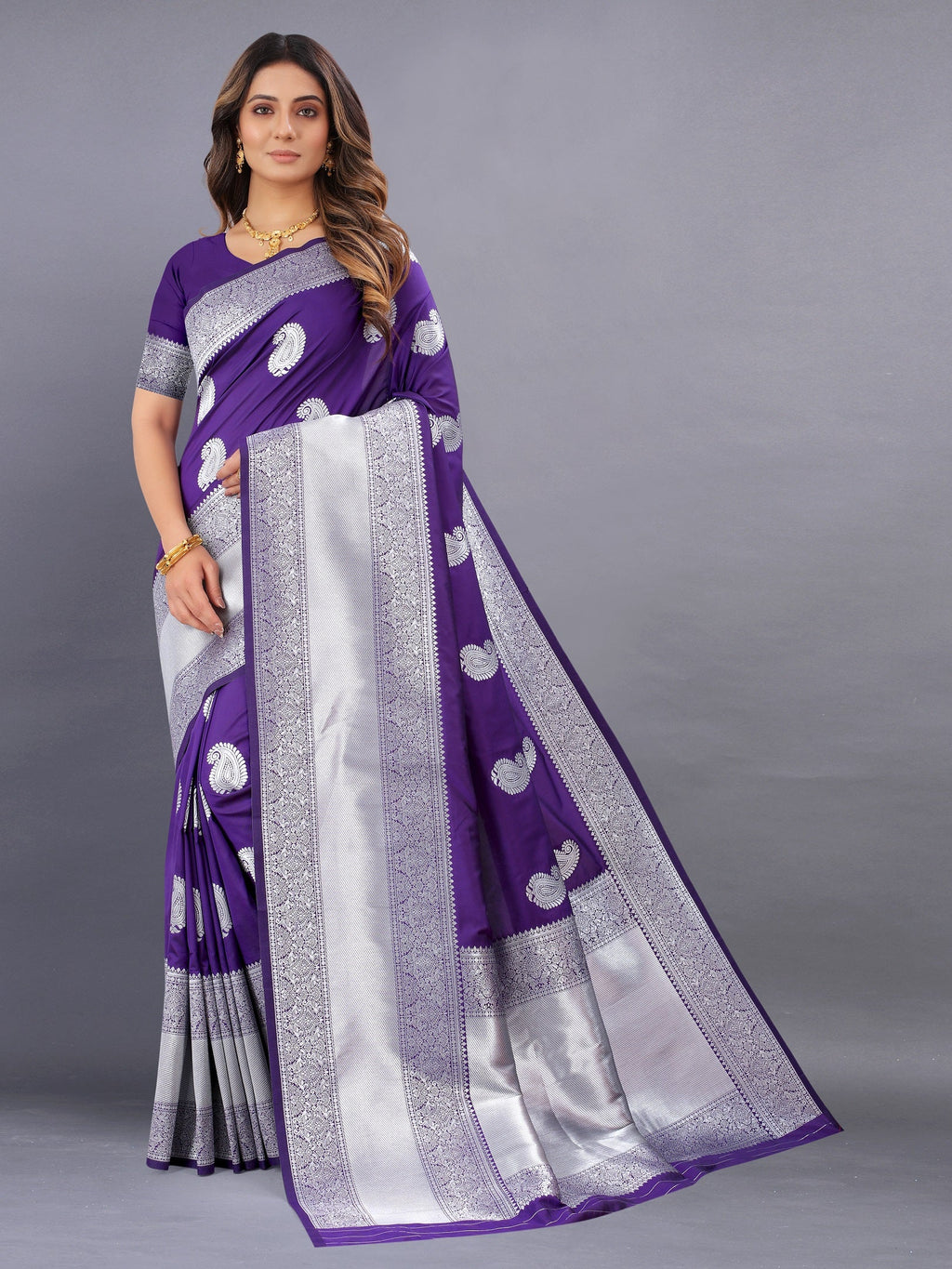 Vedant Vastram Soft Litchi Silk Banarasi Silk Saree - Violet