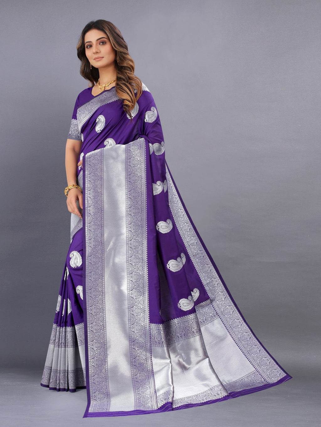 Vedant Vastram Soft Litchi Silk Banarasi Silk Saree - Violet