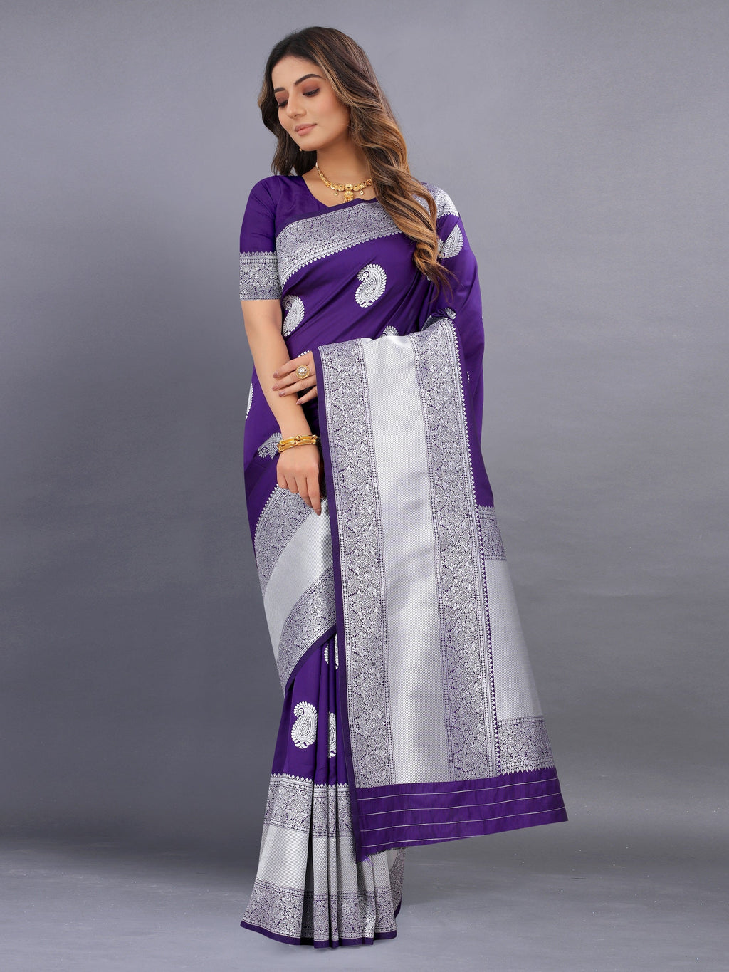 Vedant Vastram Soft Litchi Silk Banarasi Silk Saree - Violet