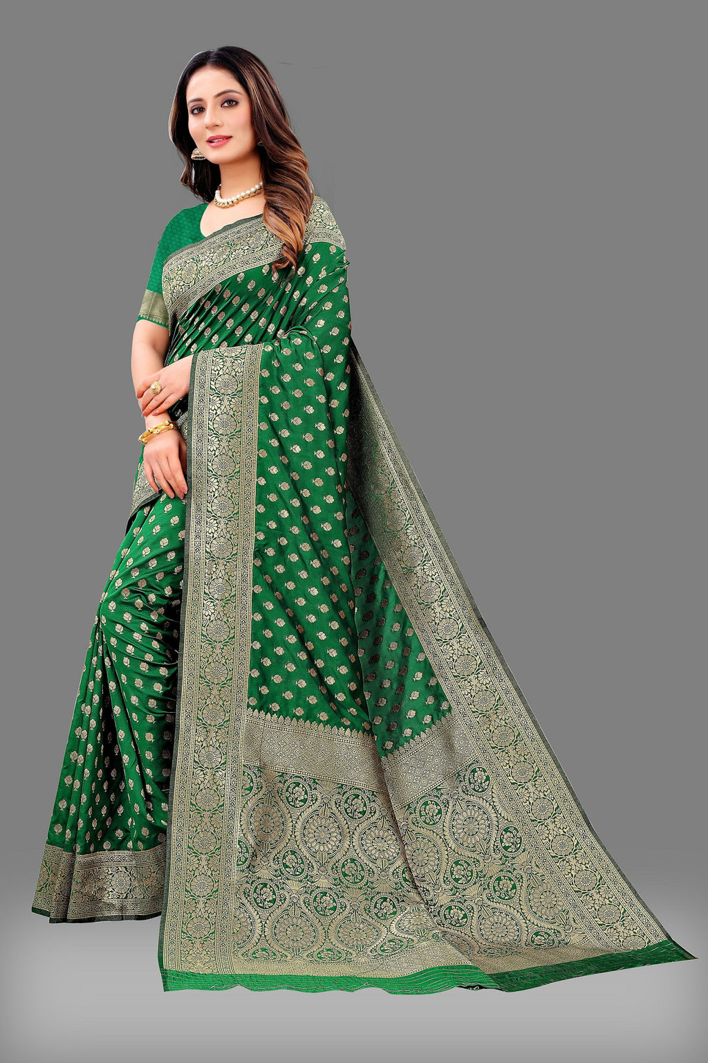 Vedant Vastram Soft Litchi Silk Banarasi Silk Saree - Green