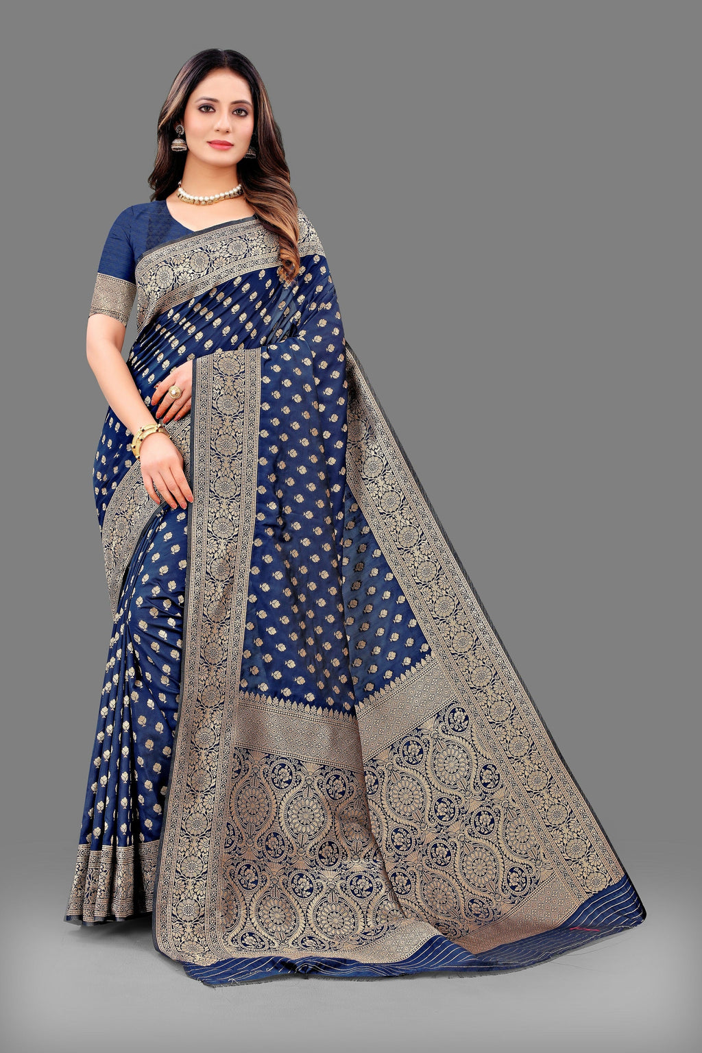 Vedant Vastram Soft Litchi Silk Banarasi Silk Saree - Navy