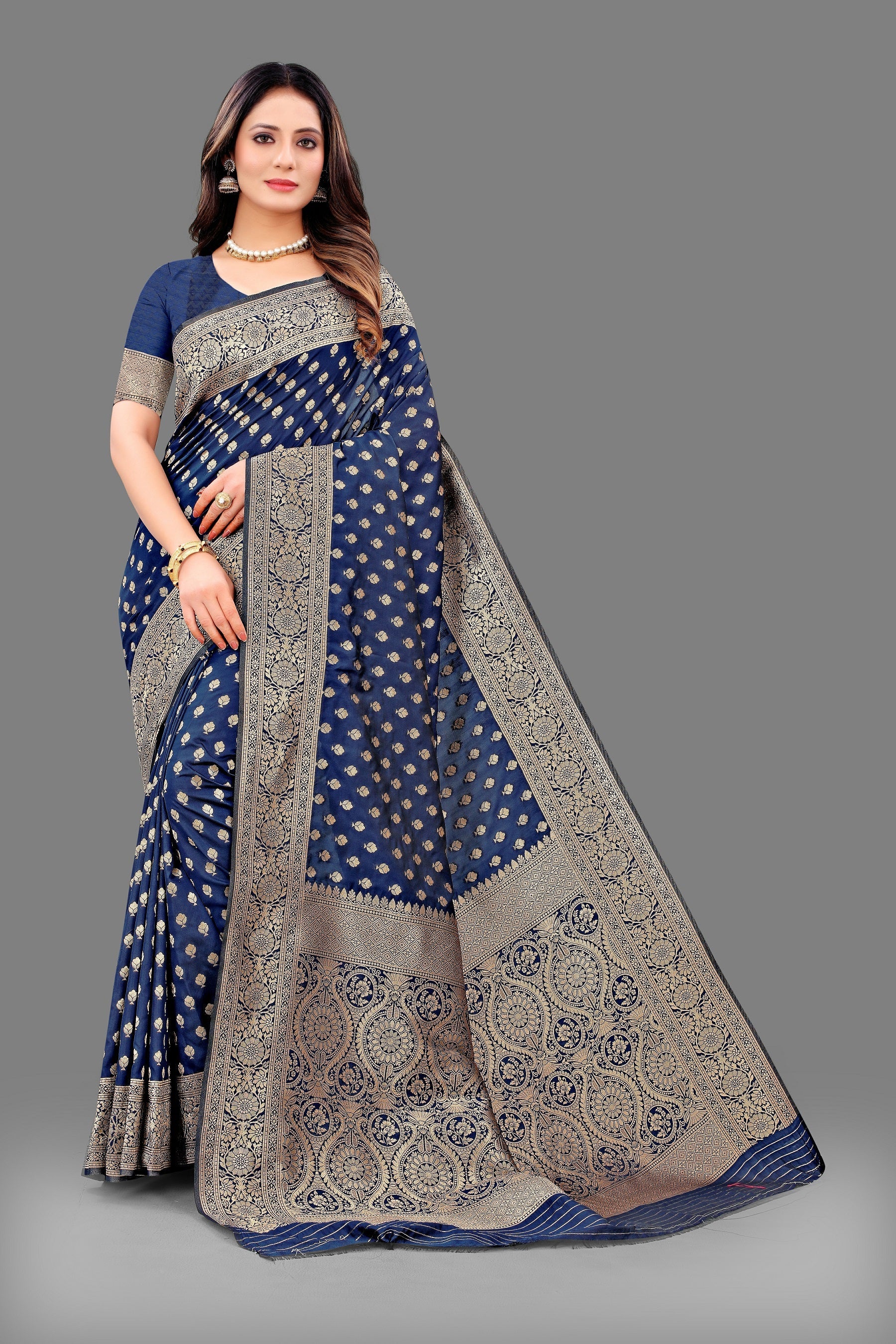 Vedant Vastram Soft Litchi Silk Banarasi Silk Saree - Navy