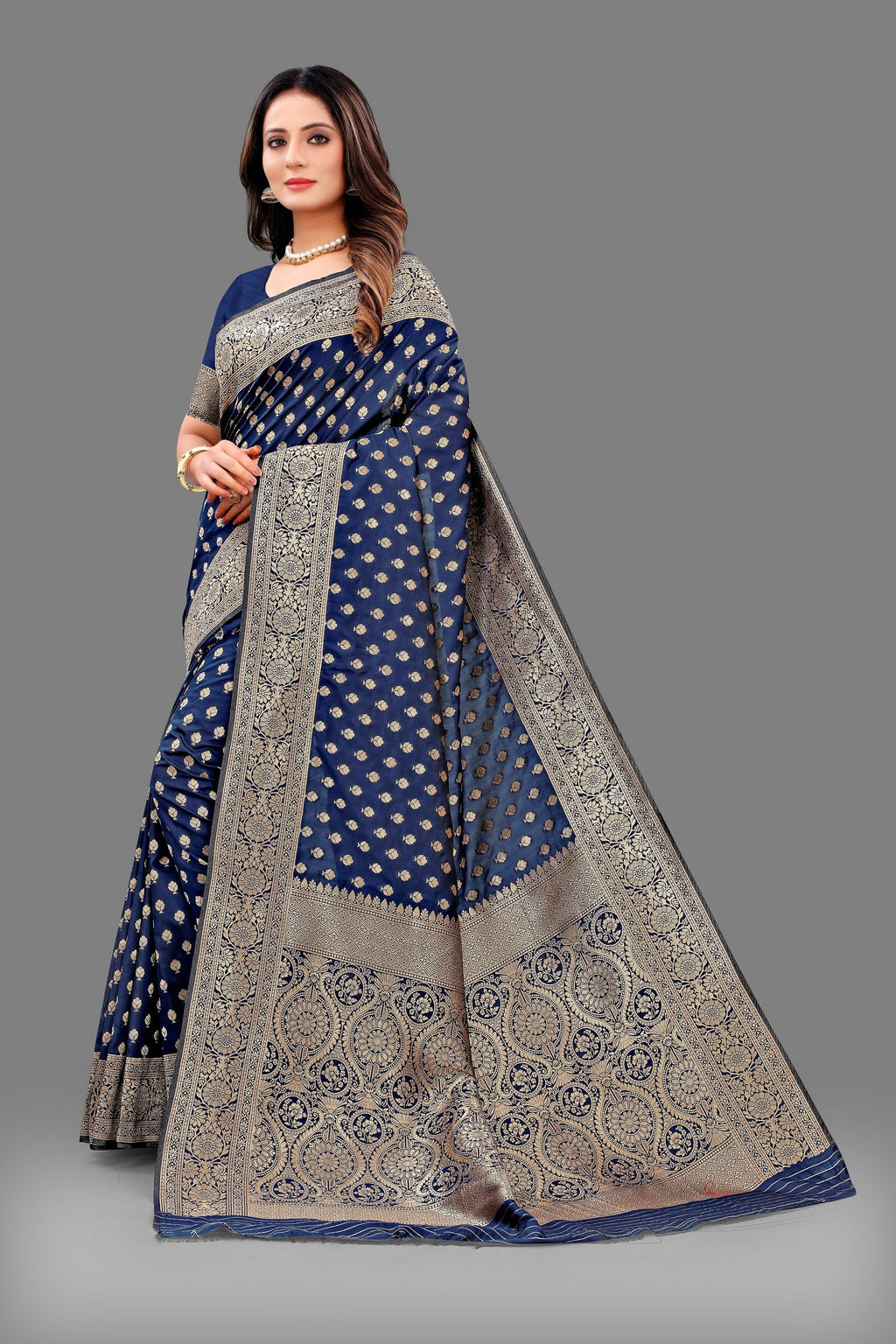Vedant Vastram Soft Litchi Silk Banarasi Silk Saree - Navy