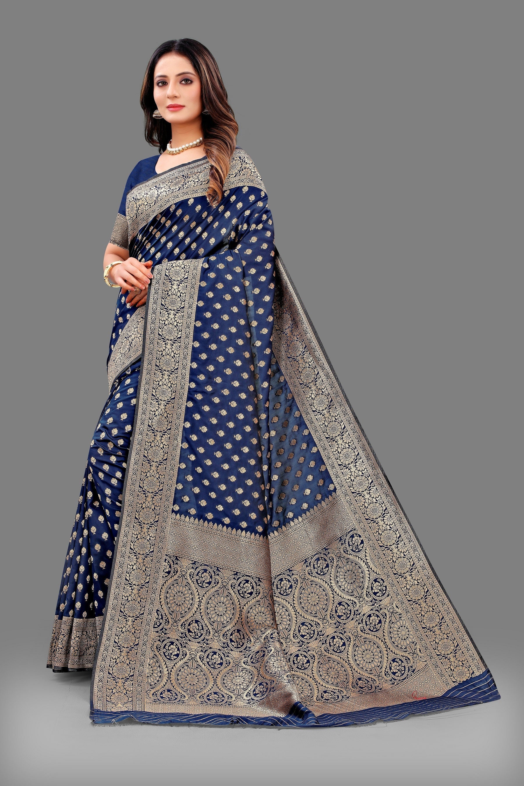 Vedant Vastram Soft Litchi Silk Banarasi Silk Saree - Navy