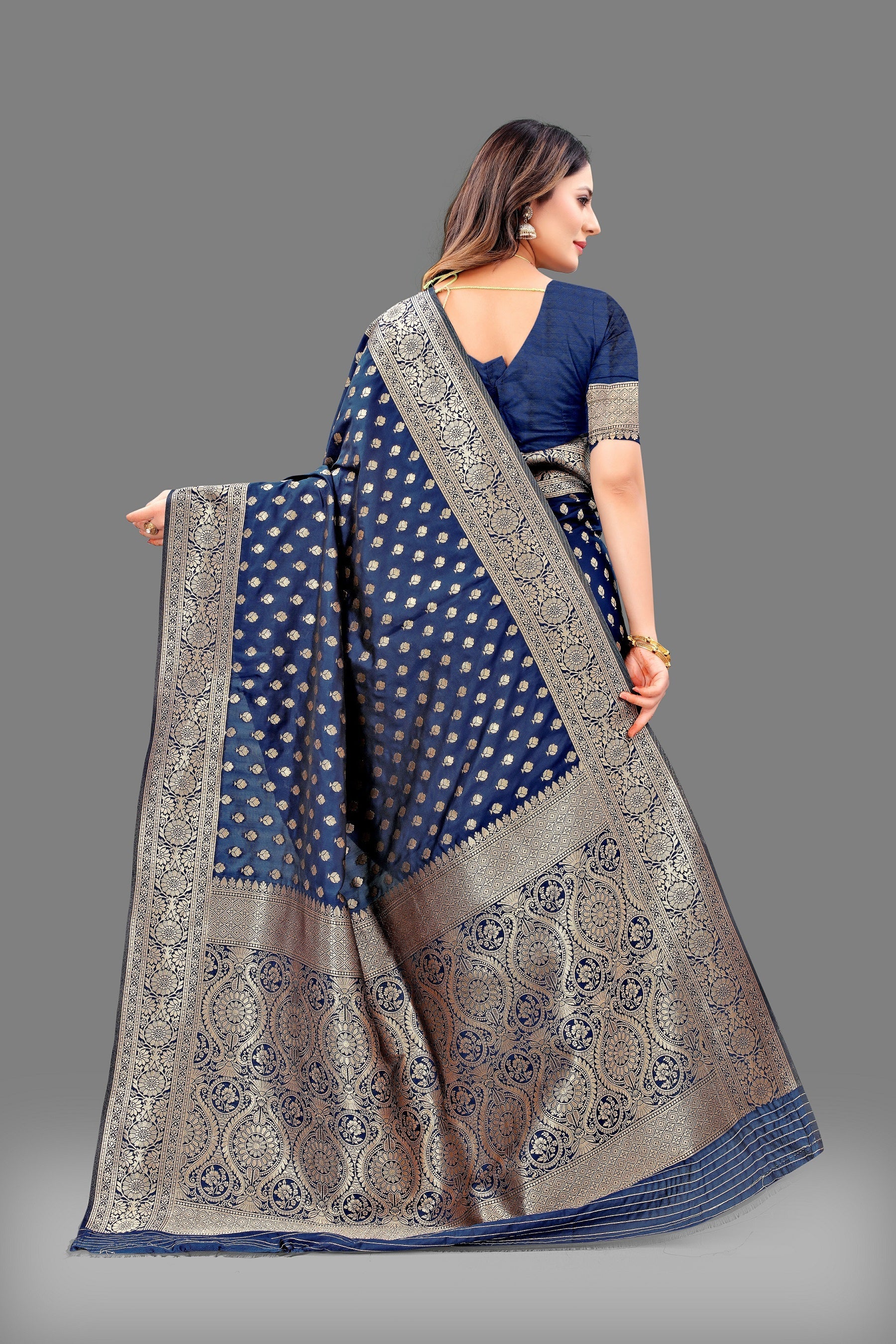 Vedant Vastram Soft Litchi Silk Banarasi Silk Saree - Navy