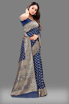 Vedant Vastram Soft Litchi Silk Banarasi Silk Saree - Navy
