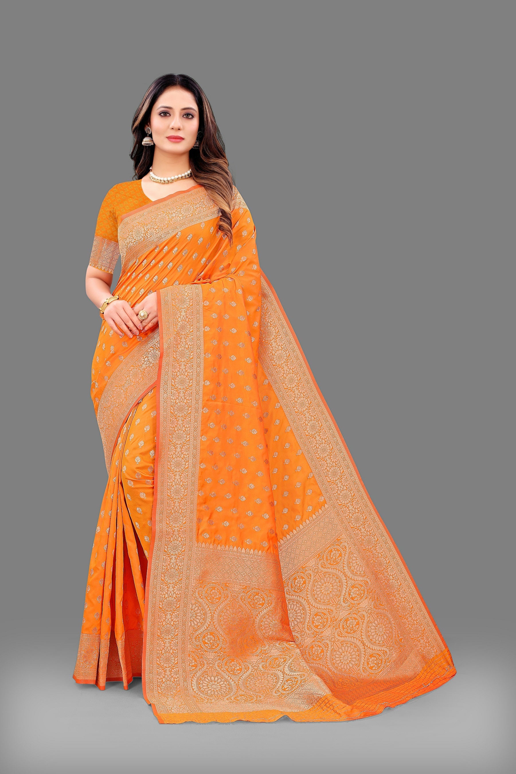 Vedant Vastram Soft Litchi Silk Banarasi Silk Saree - Orange