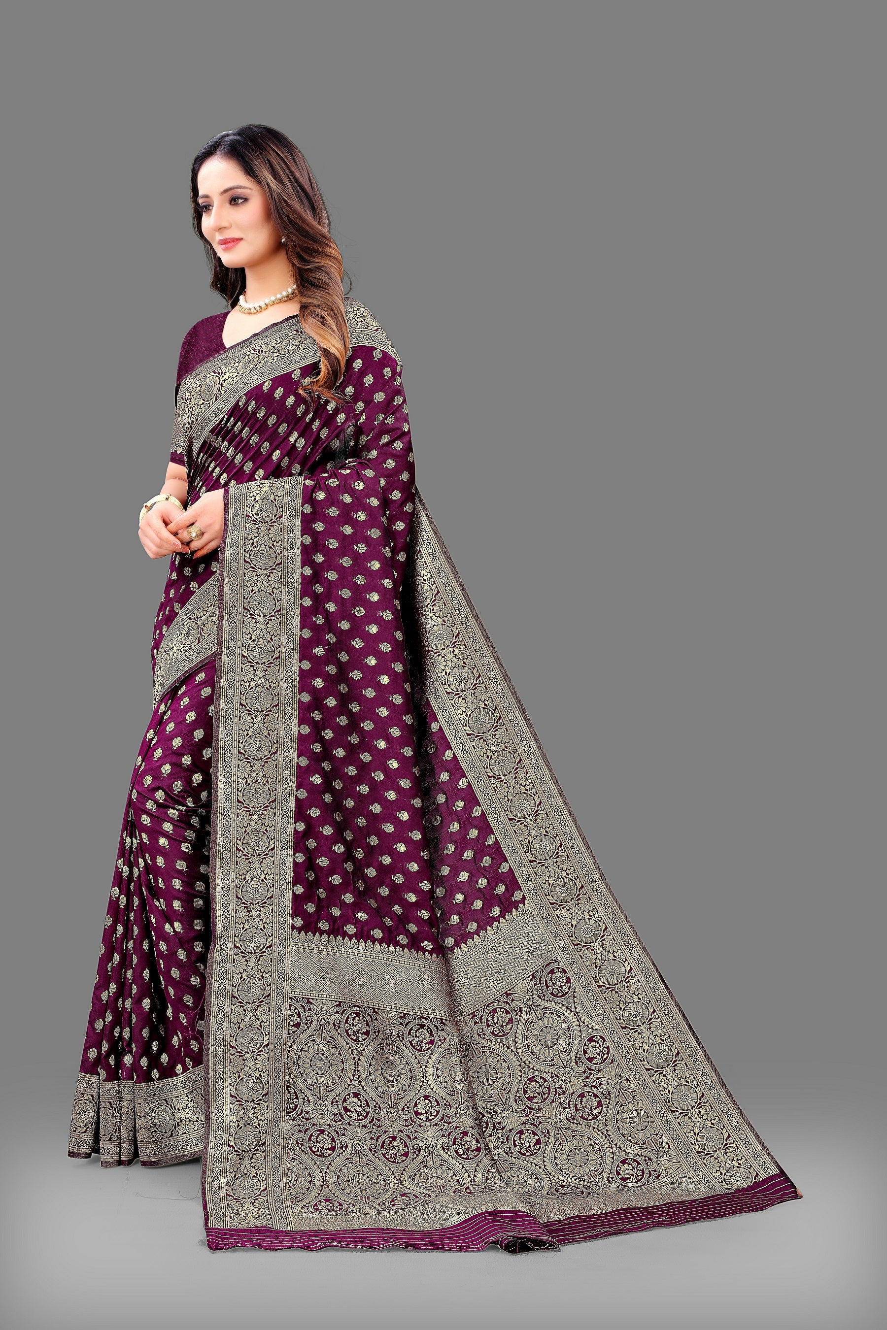 Vedant Vastram Soft Litchi Silk Banarasi Silk Saree - Wine