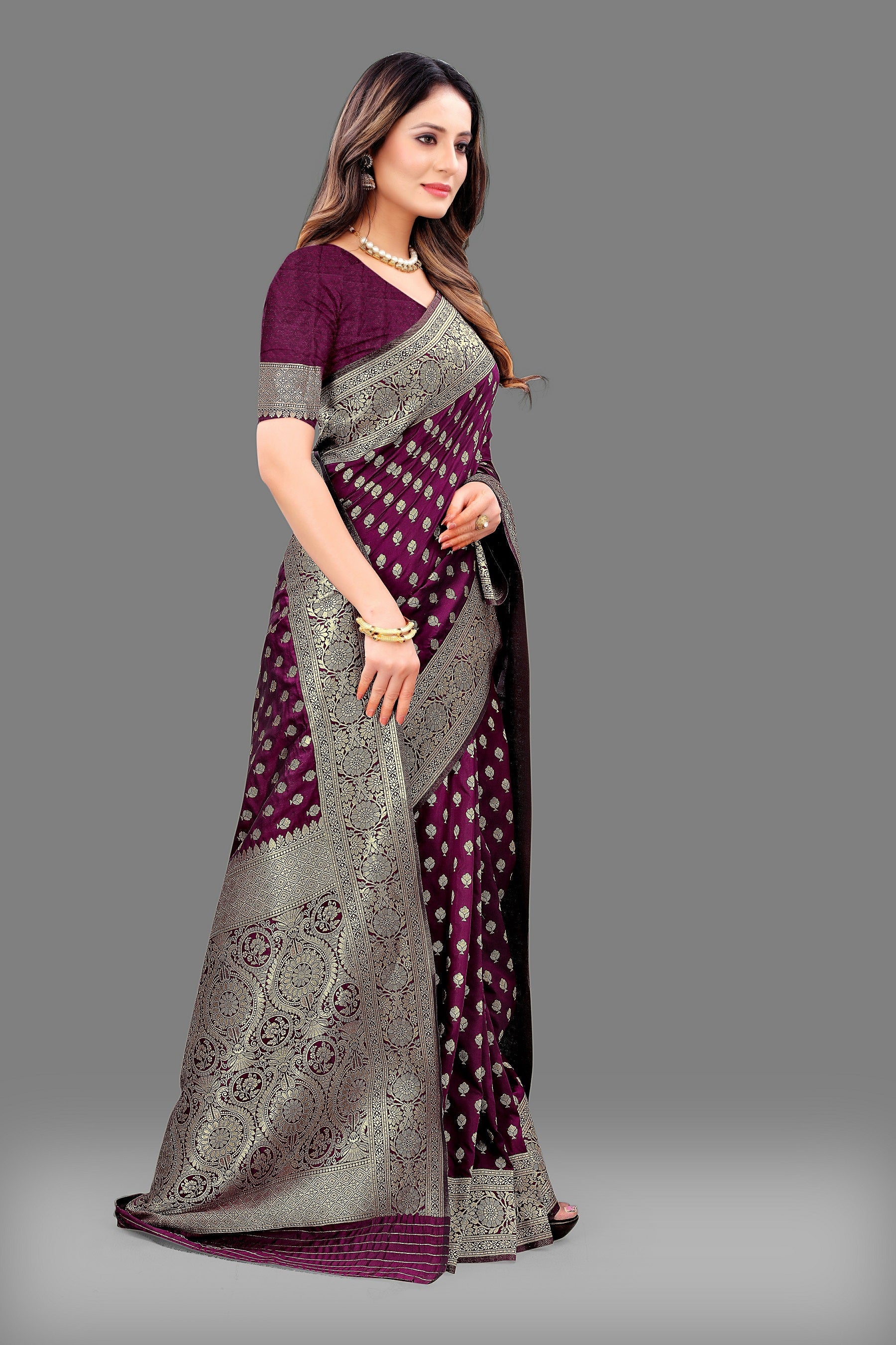 Vedant Vastram Soft Litchi Silk Banarasi Silk Saree - Wine