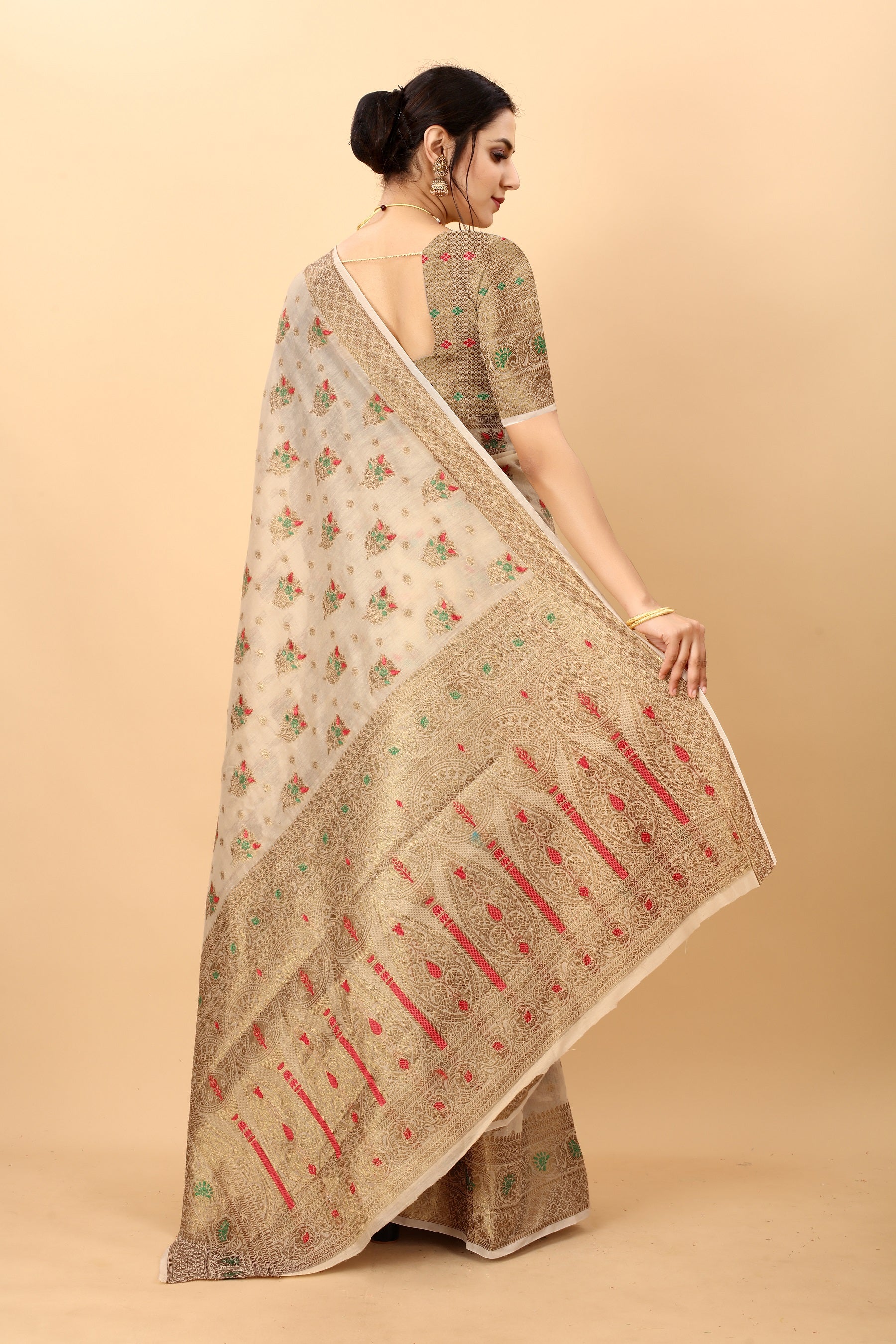 Vedant Vastram Soft Cotton Silk Kanjeevaram Saree - Beige - Distacart