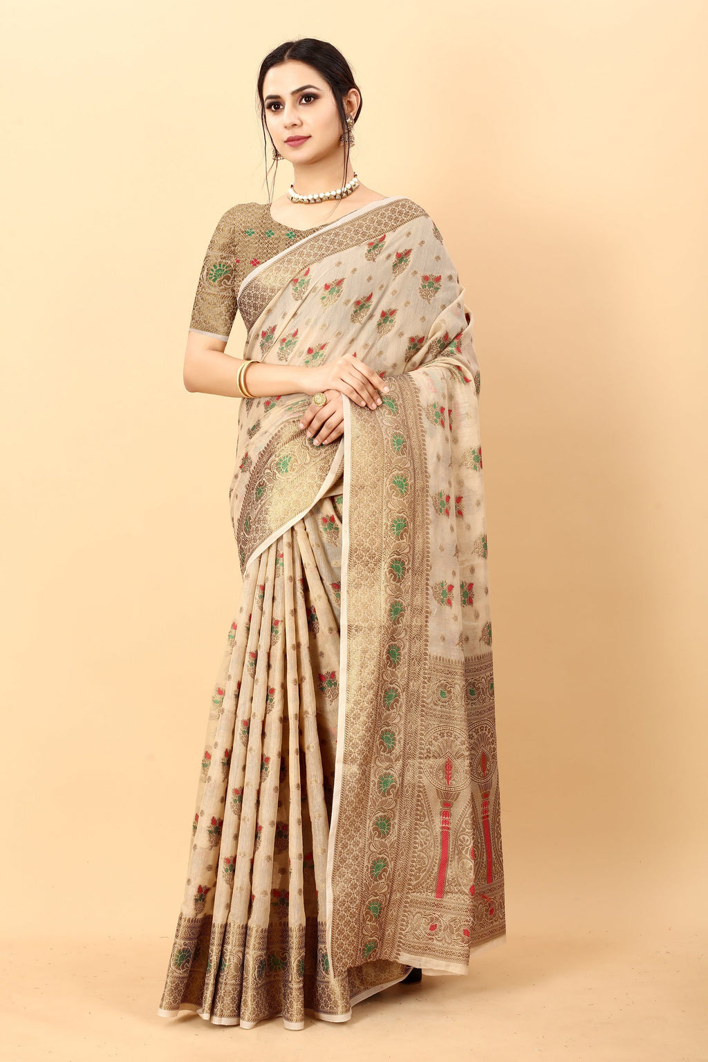 Vedant Vastram Soft Cotton Silk Kanjeevaram Saree - Beige - Distacart