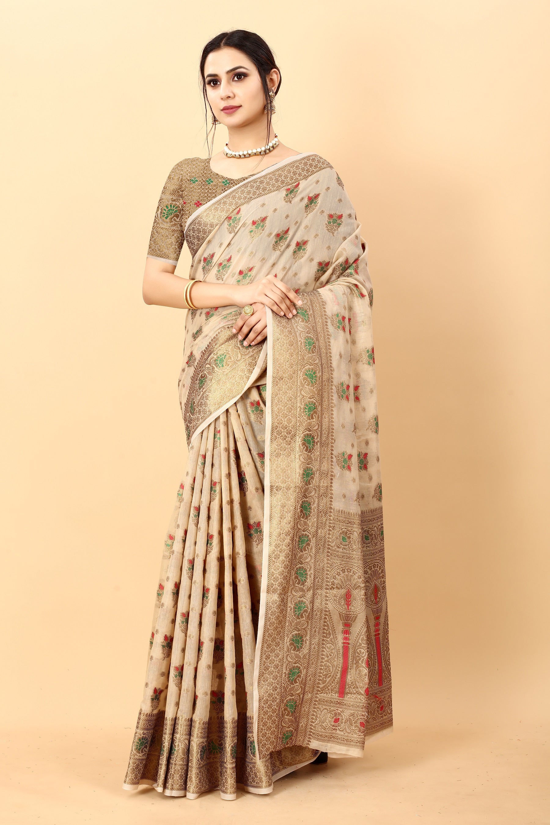 Vedant Vastram Soft Cotton Silk Kanjeevaram Saree - Beige - Distacart