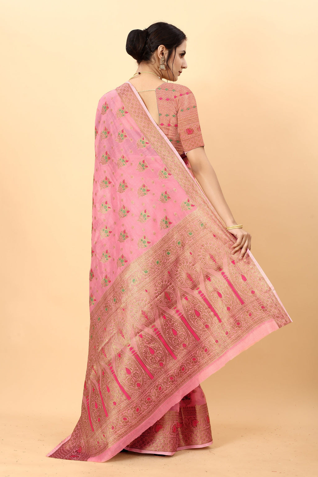 Vedant Vastram Soft Cotton Silk Kanjeevaram Saree - Pink - Distacart