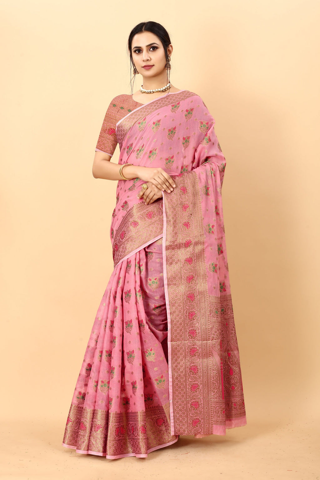 Vedant Vastram Soft Cotton Silk Kanjeevaram Saree - Pink - Distacart