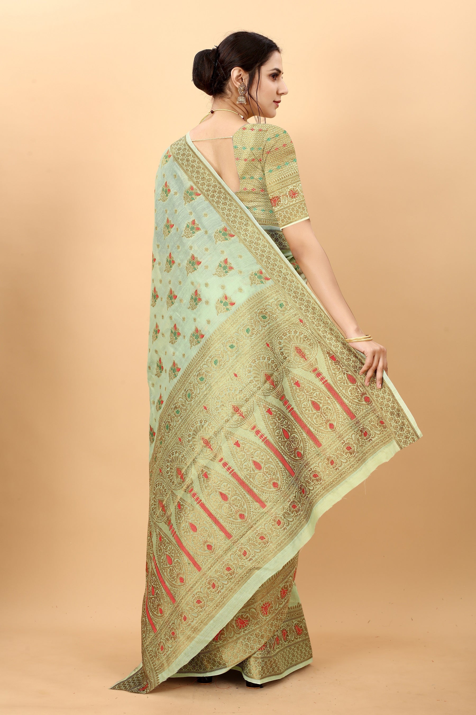 Vedant Vastram Soft Cotton Silk Kanjeevaram Saree - Pista - Distacart