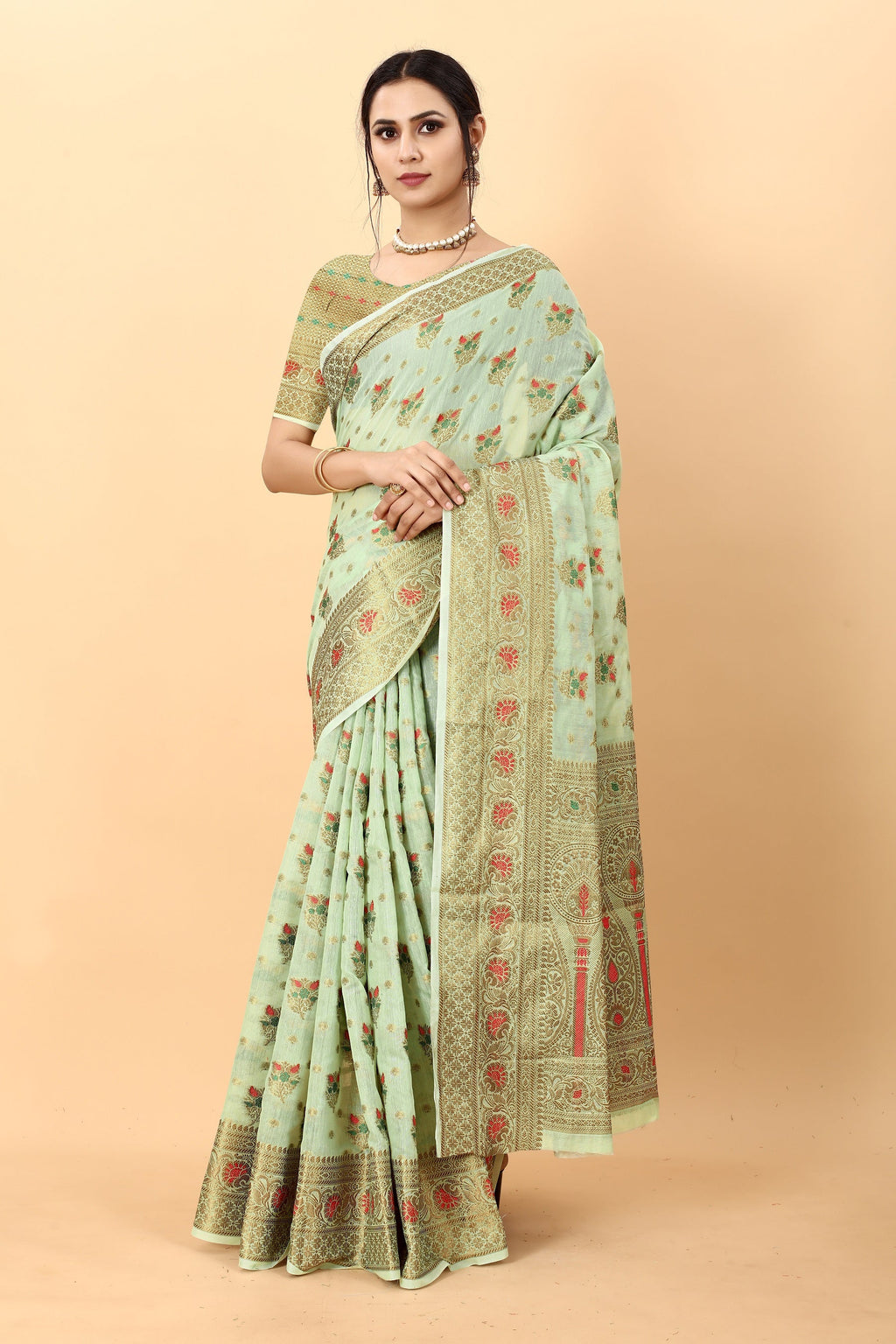 Vedant Vastram Soft Cotton Silk Kanjeevaram Saree - Pista - Distacart