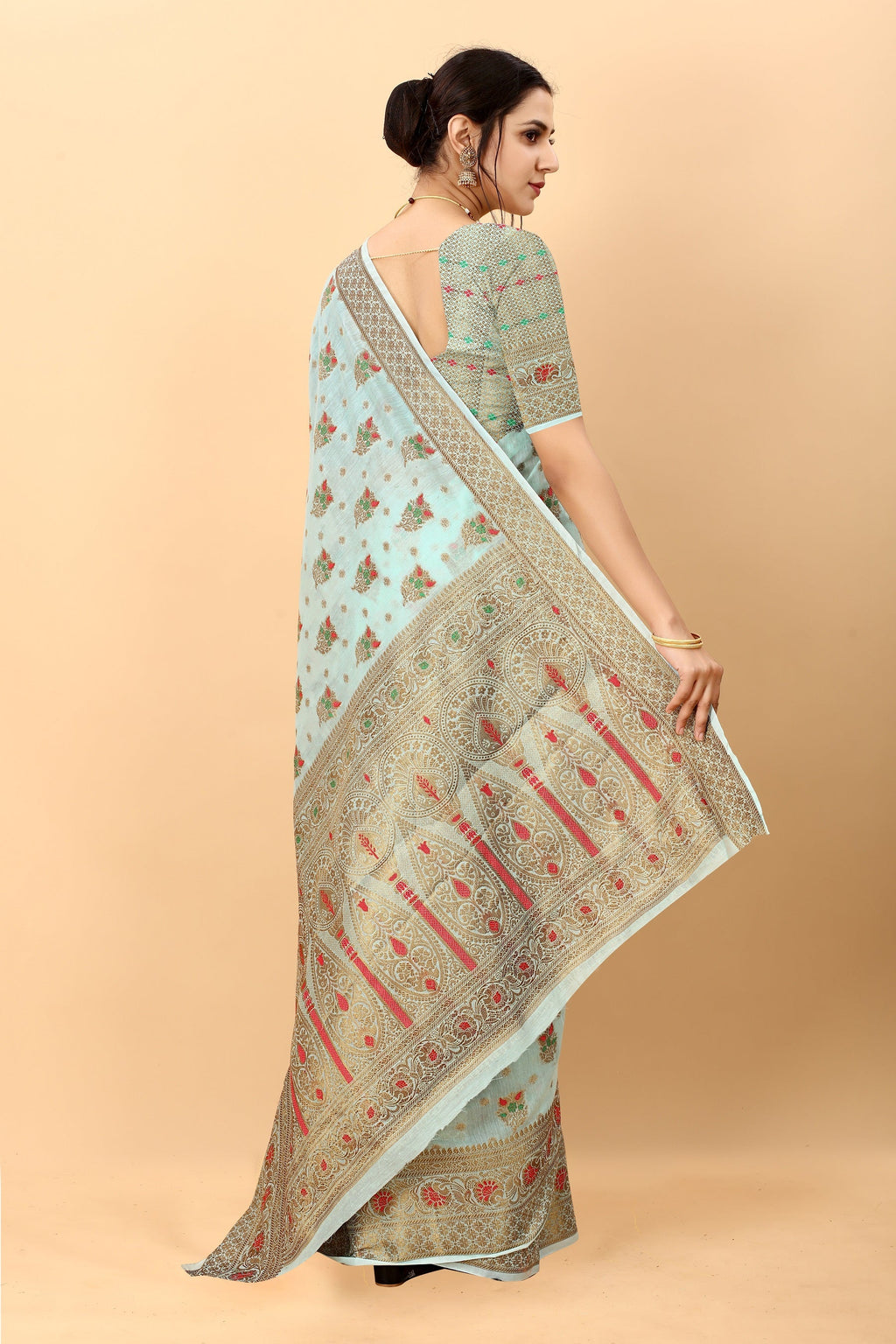 Vedant Vastram Soft Cotton Silk Kanjeevaram Saree - Turquoise - Distacart