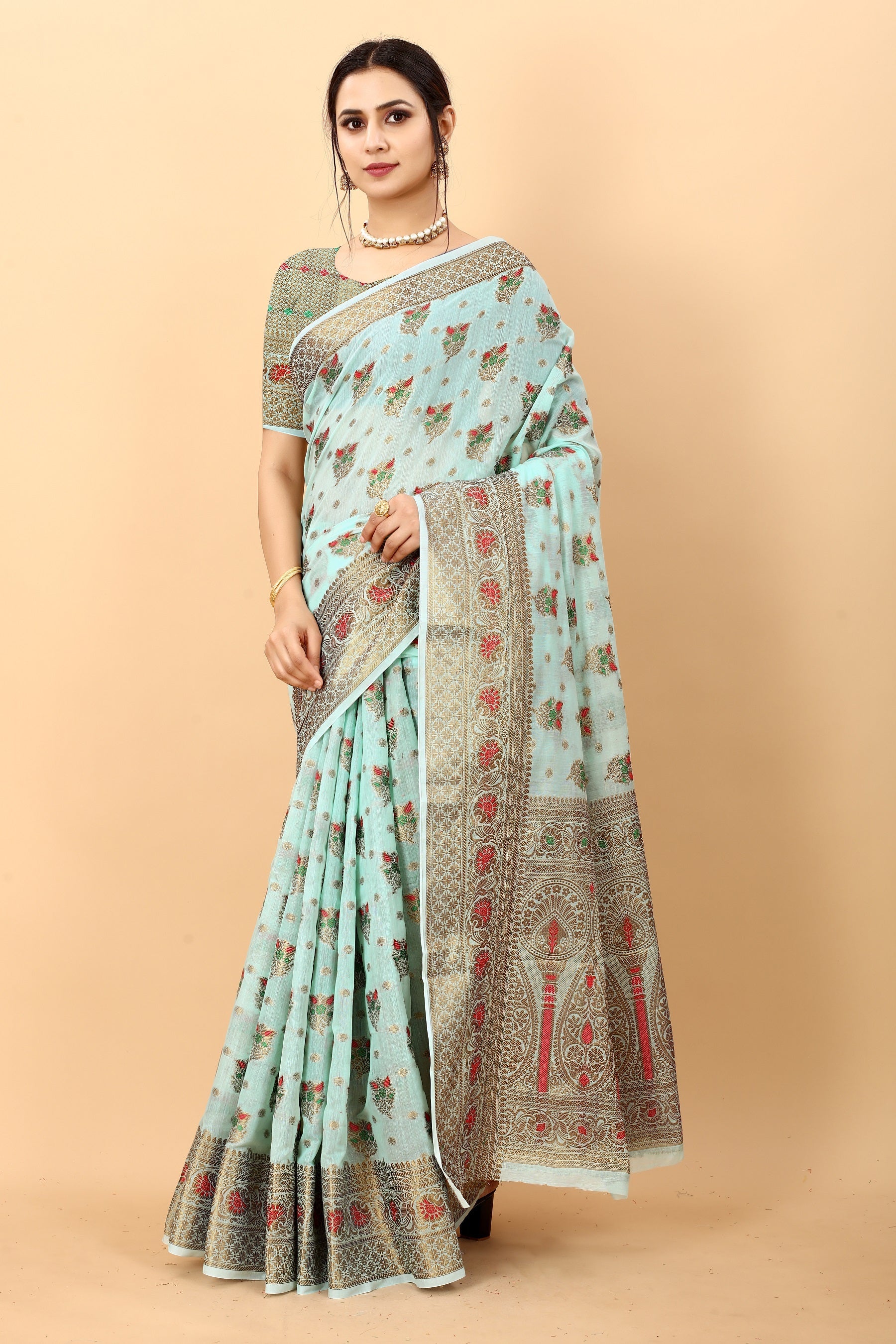 Vedant Vastram Soft Cotton Silk Kanjeevaram Saree - Turquoise - Distacart