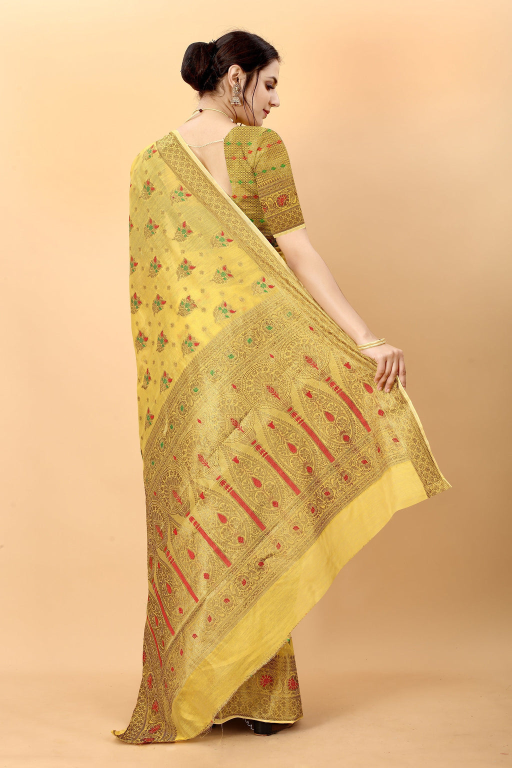 Vedant Vastram Soft Cotton Silk Kanjeevaram Saree - Yellow - Distacart