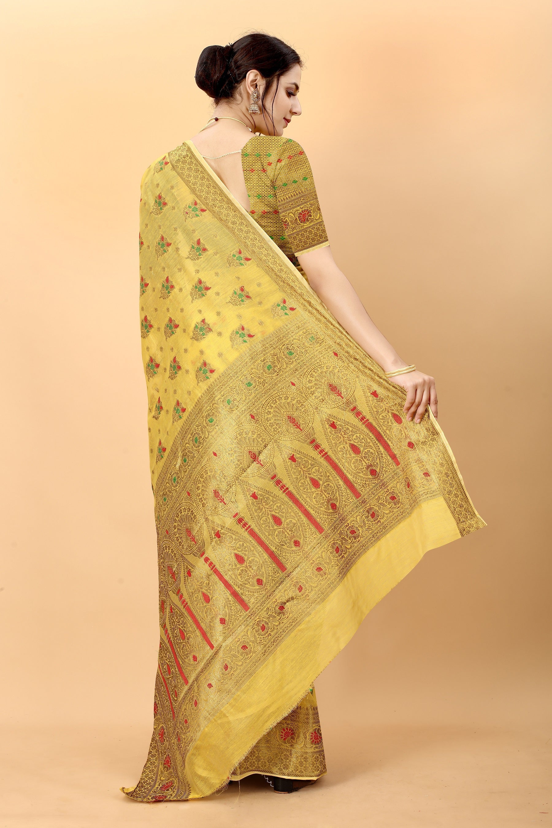Vedant Vastram Soft Cotton Silk Kanjeevaram Saree - Yellow - Distacart