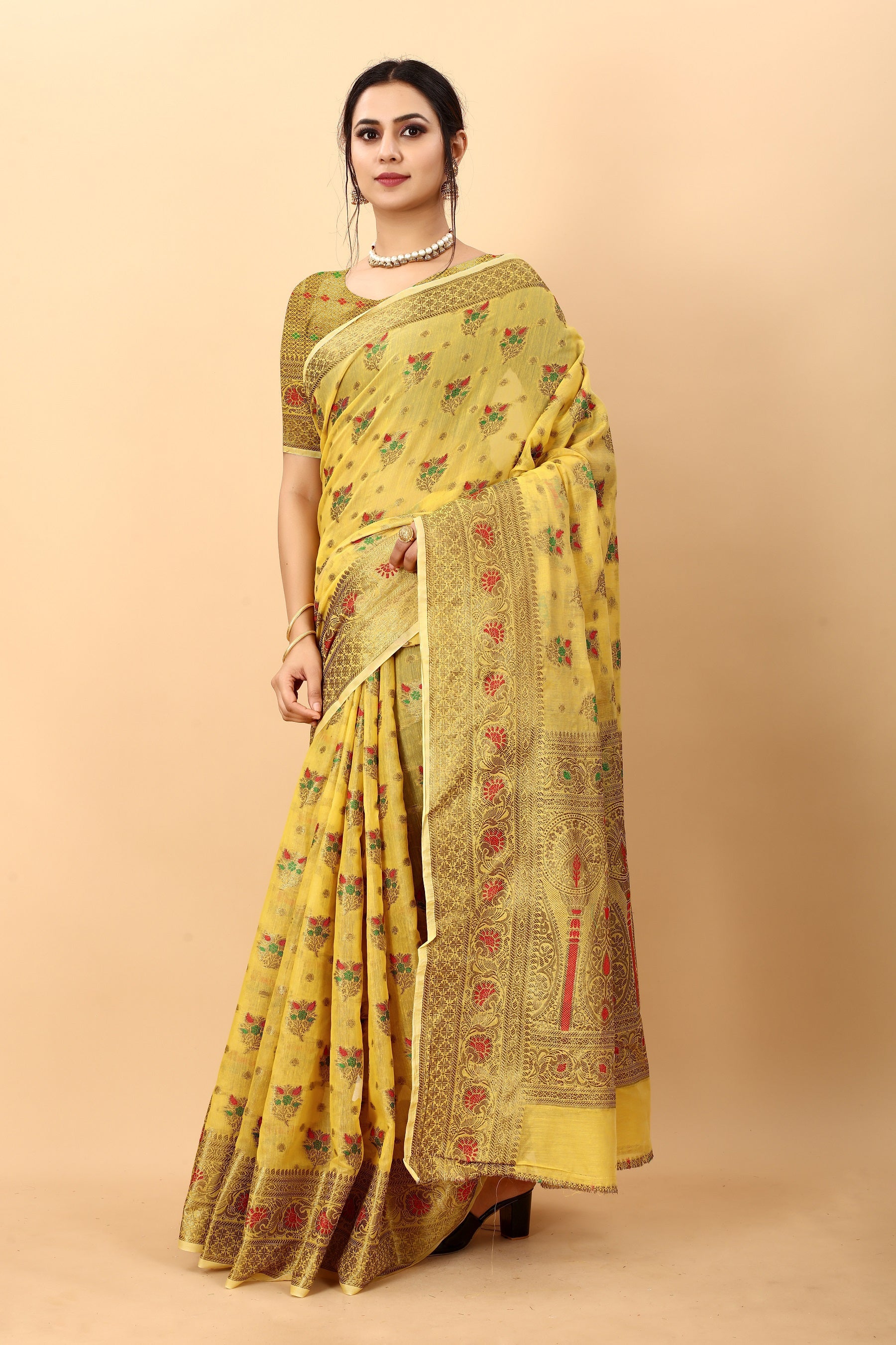 Vedant Vastram Soft Cotton Silk Kanjeevaram Saree - Yellow - Distacart