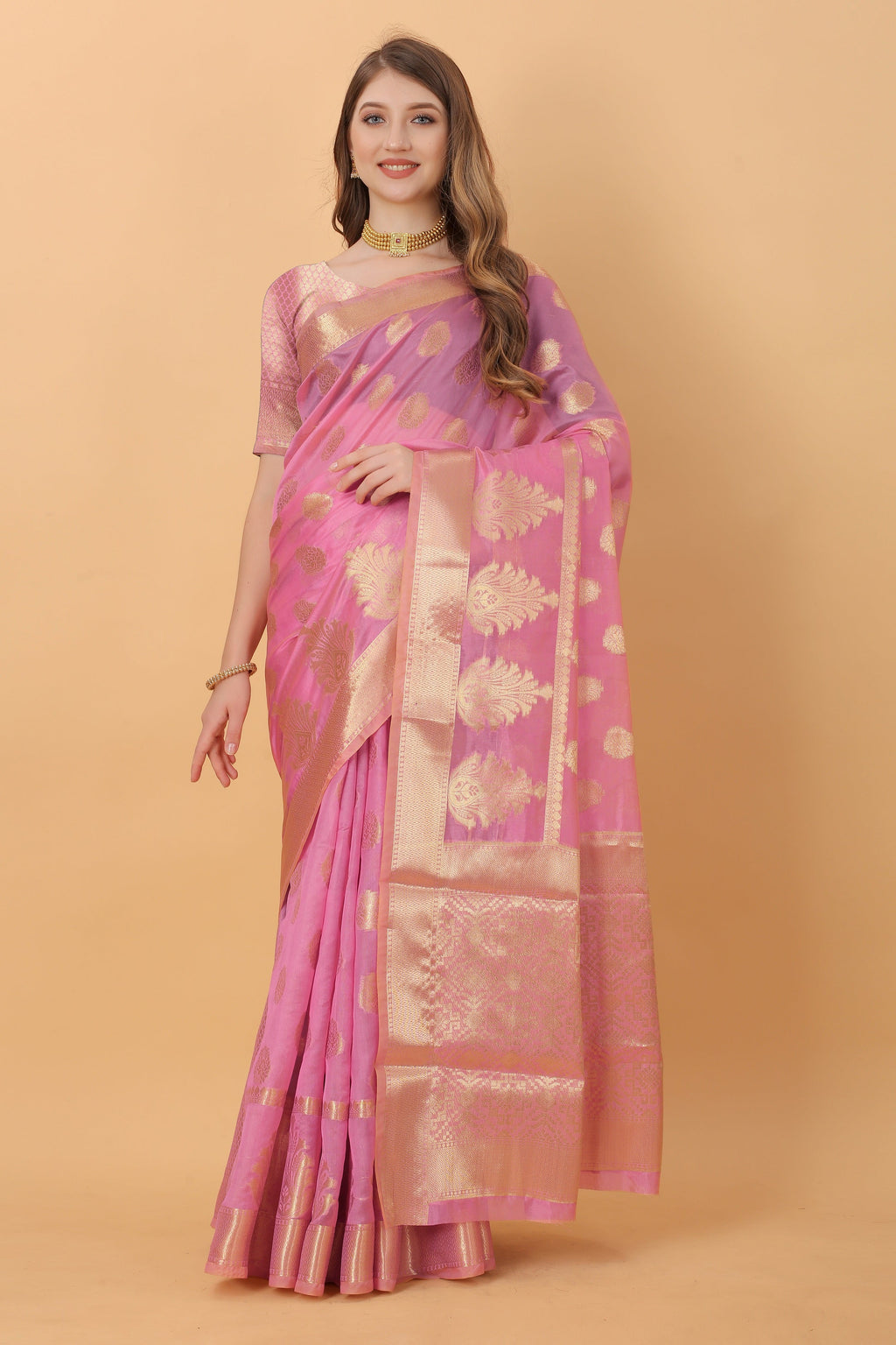 Vedant Vastram Organza Silk Banarasi Silk Saree - Pink