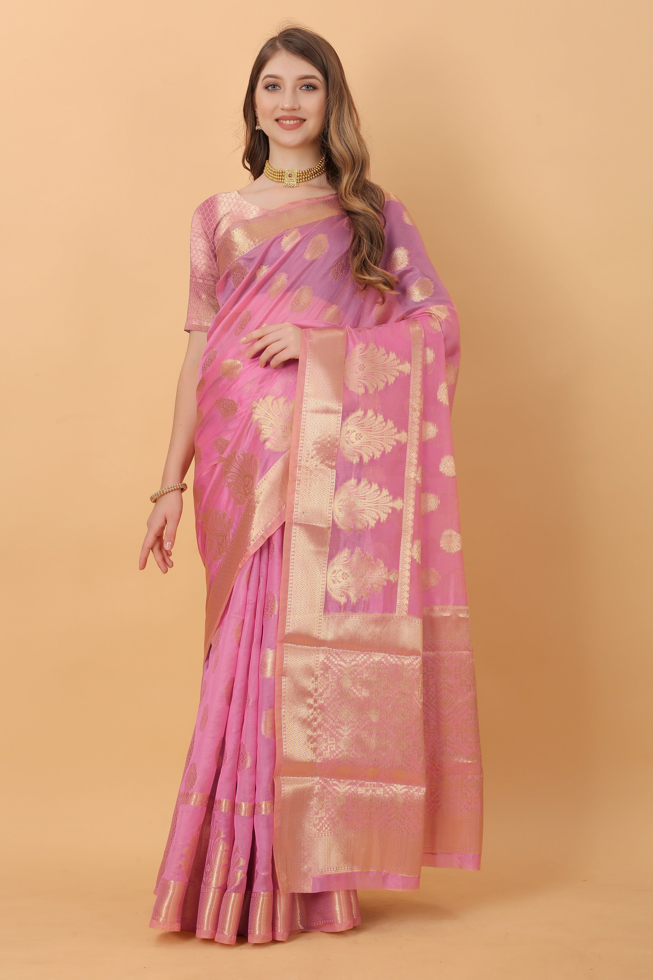 Vedant Vastram Organza Silk Banarasi Silk Saree - Pink