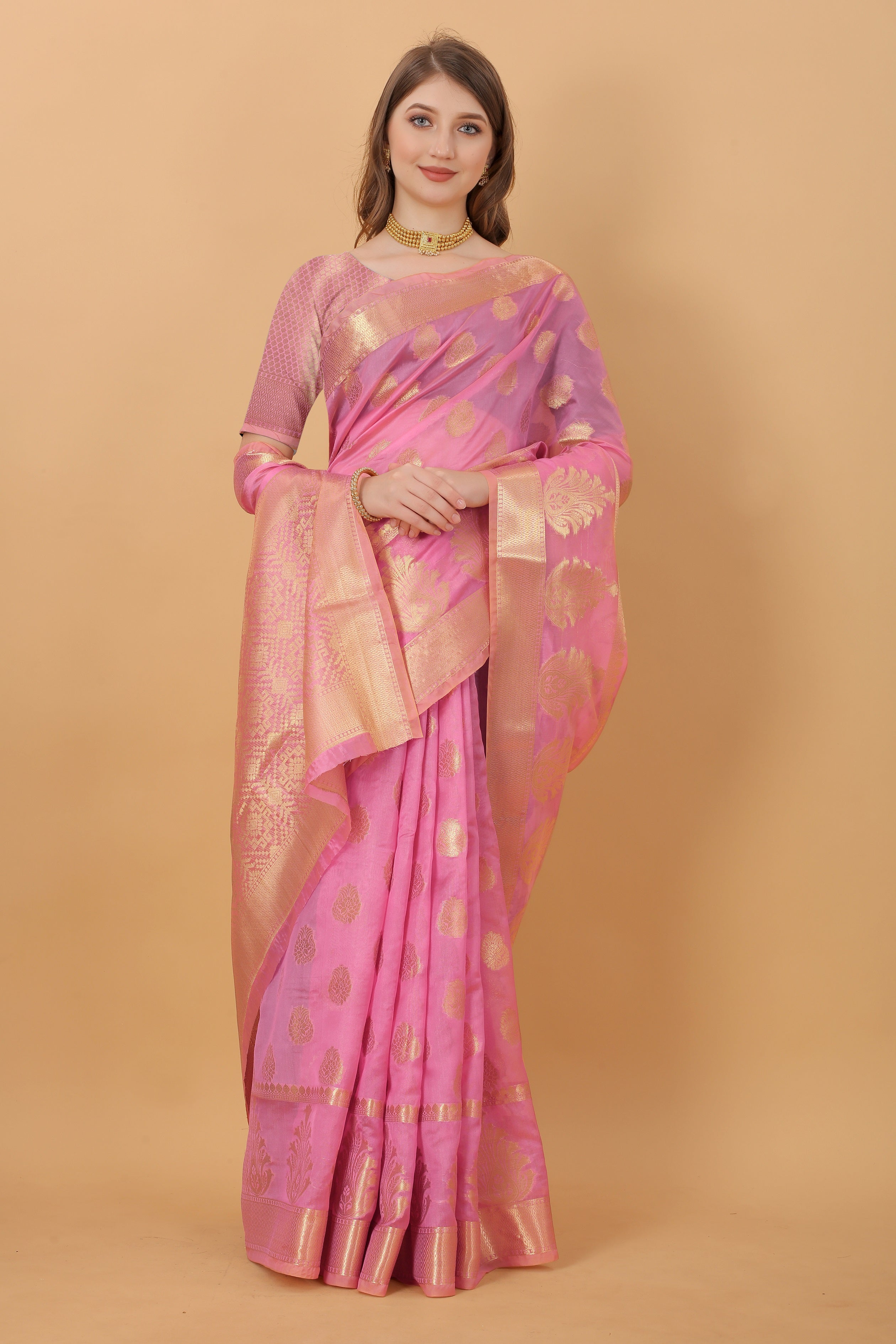 Vedant Vastram Organza Silk Banarasi Silk Saree - Pink