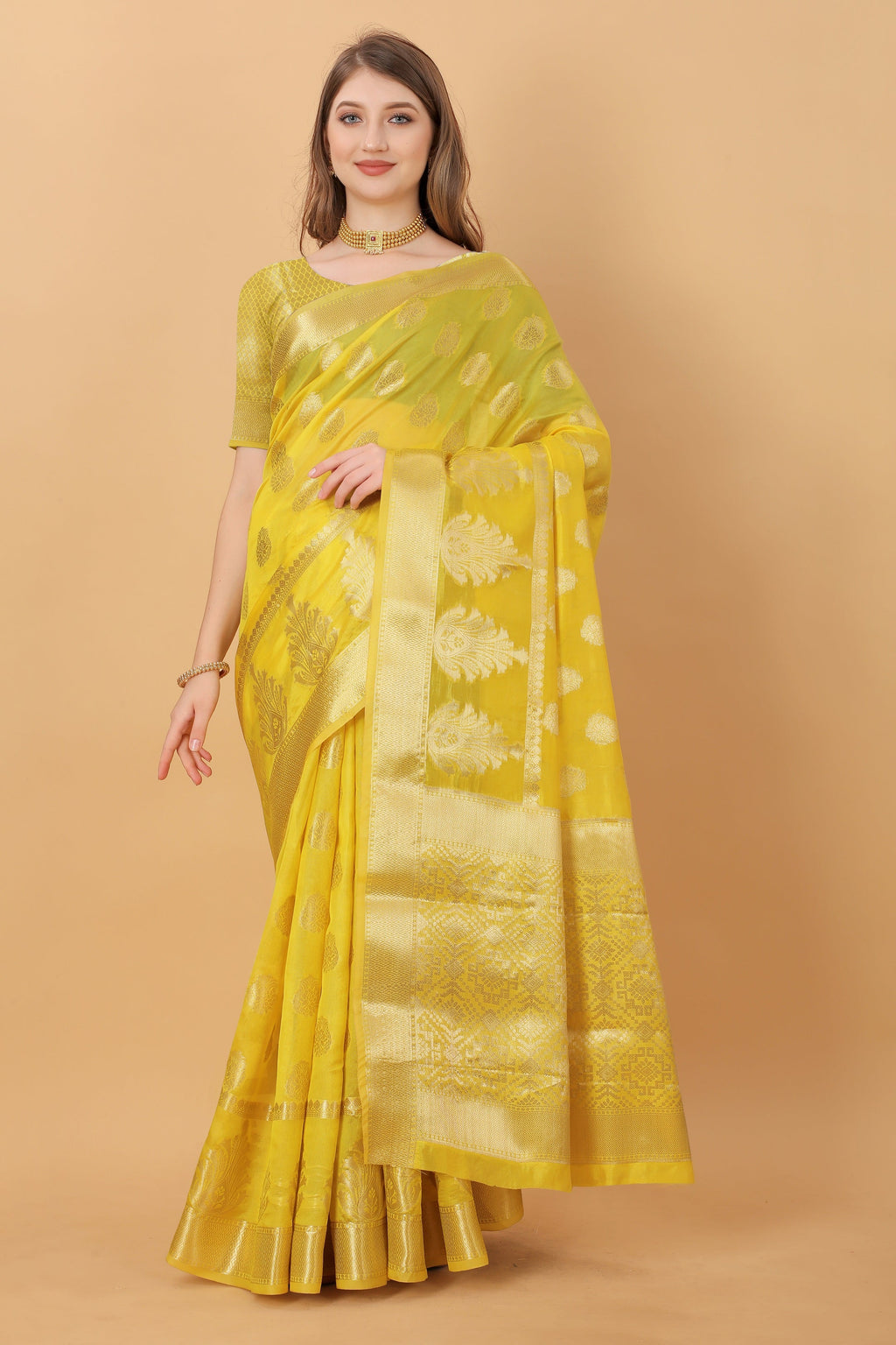 Vedant Vastram Organza Silk Banarasi Silk Saree - Yellow