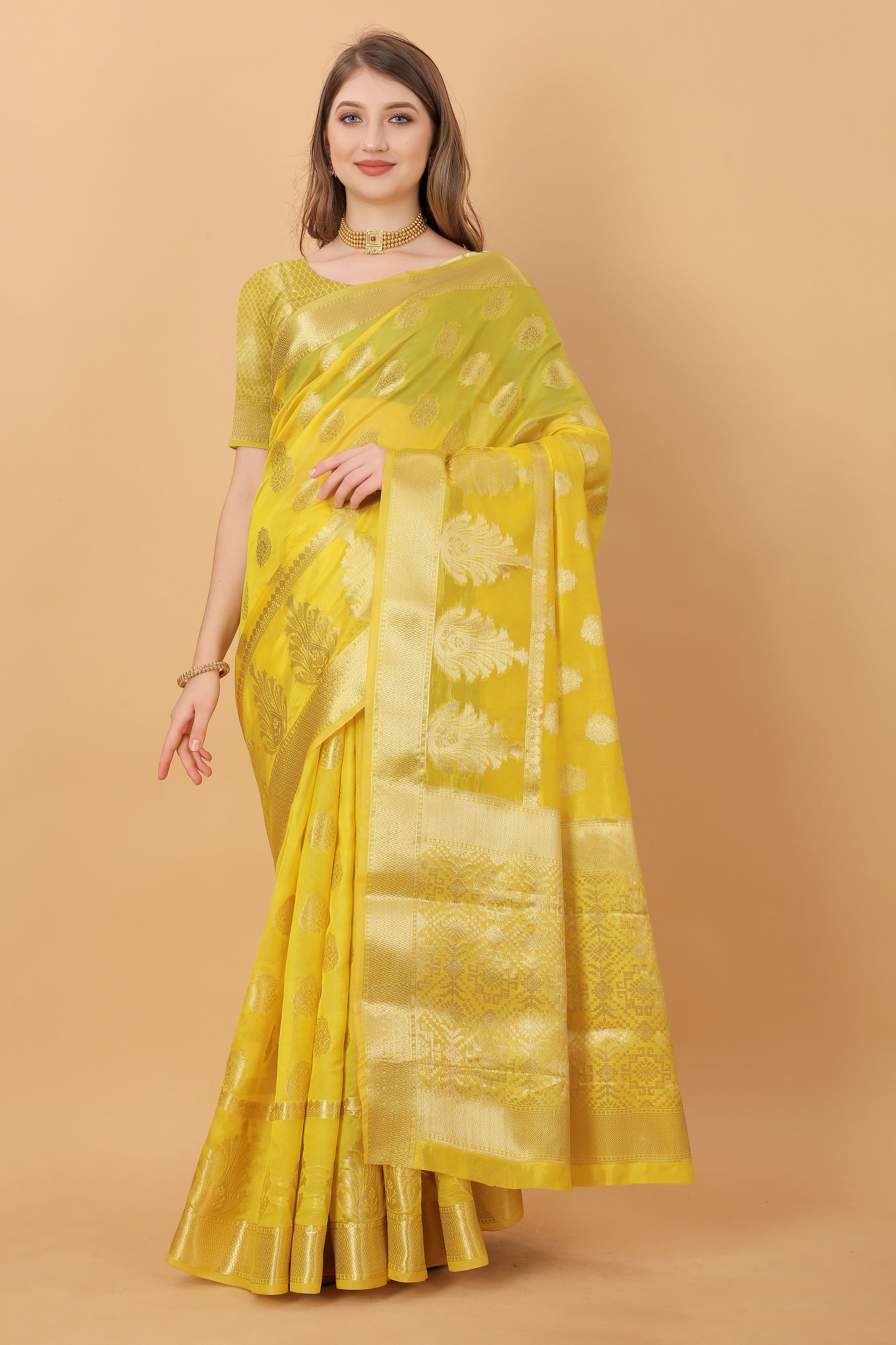 Vedant Vastram Organza Silk Banarasi Silk Saree - Yellow