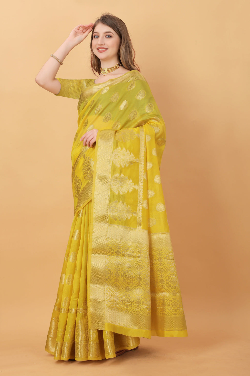 Vedant Vastram Organza Silk Banarasi Silk Saree - Yellow