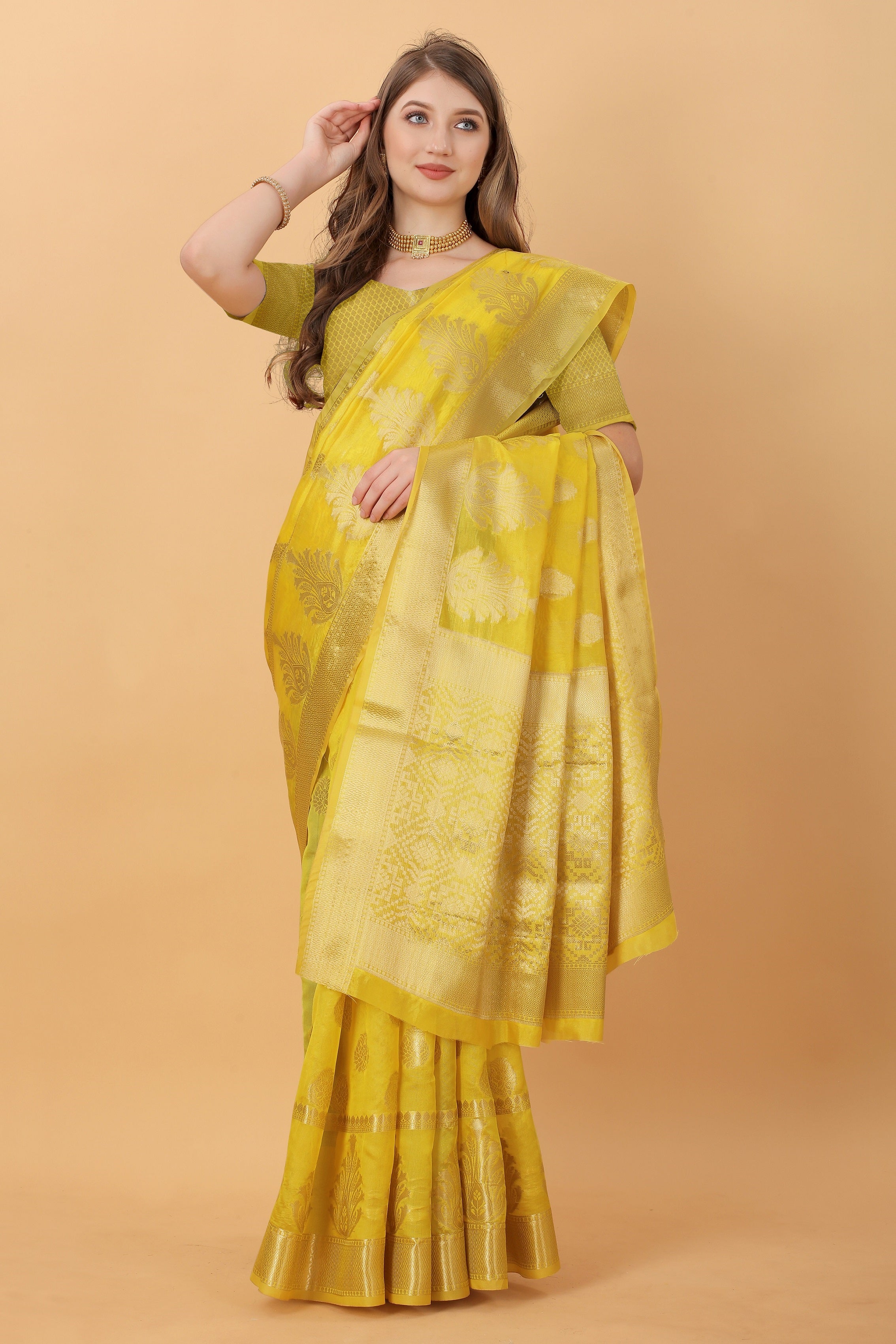 Vedant Vastram Organza Silk Banarasi Silk Saree - Yellow