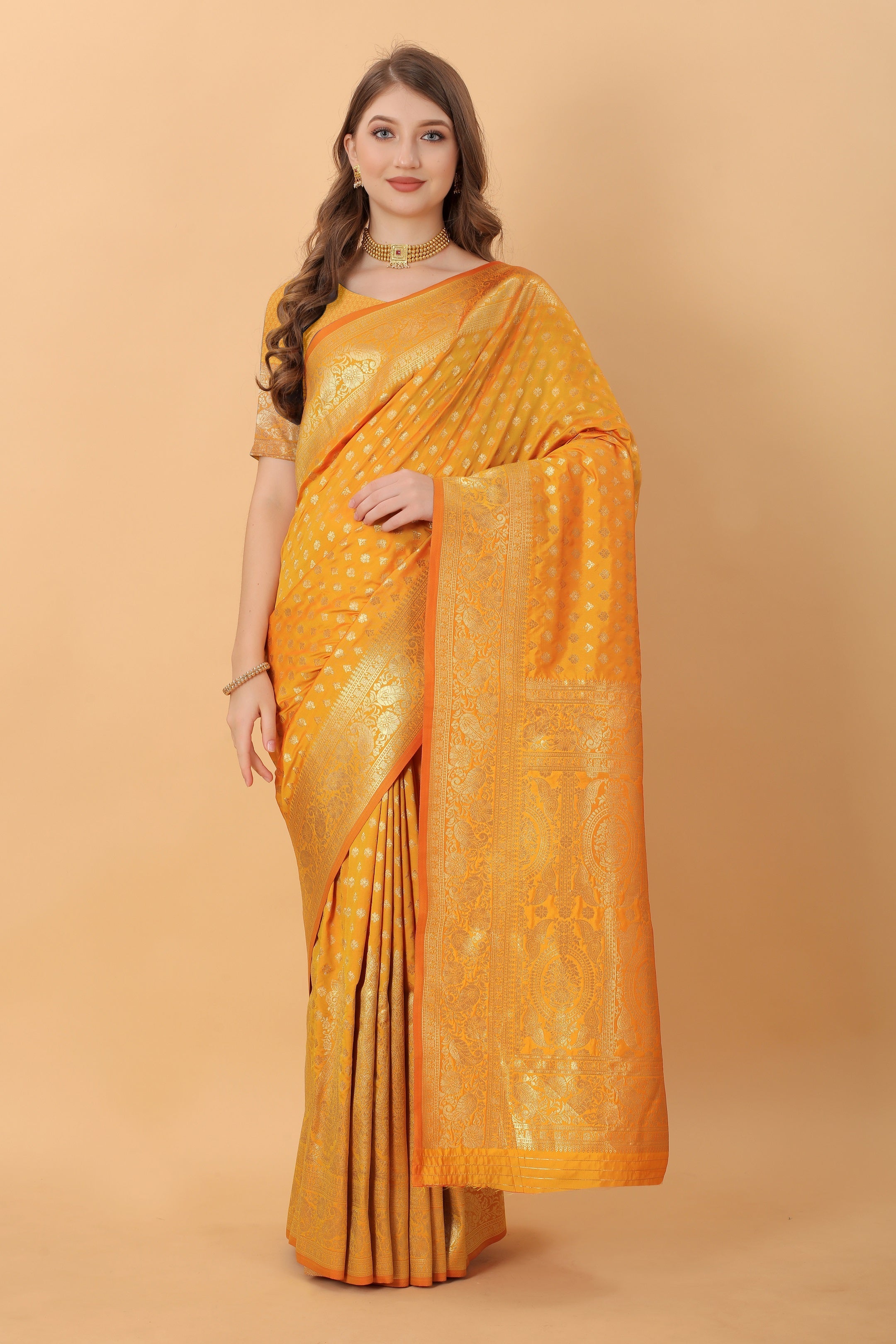 Vedant Vastram Soft Litchi Silk Kanjeevaram Saree - Mustard
