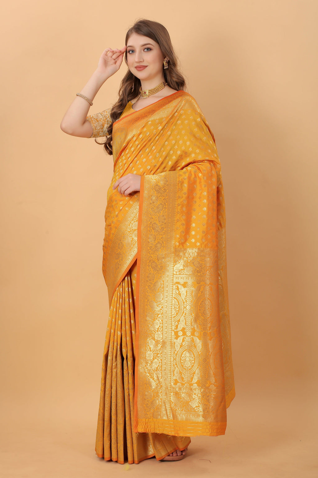 Vedant Vastram Soft Litchi Silk Kanjeevaram Saree - Mustard