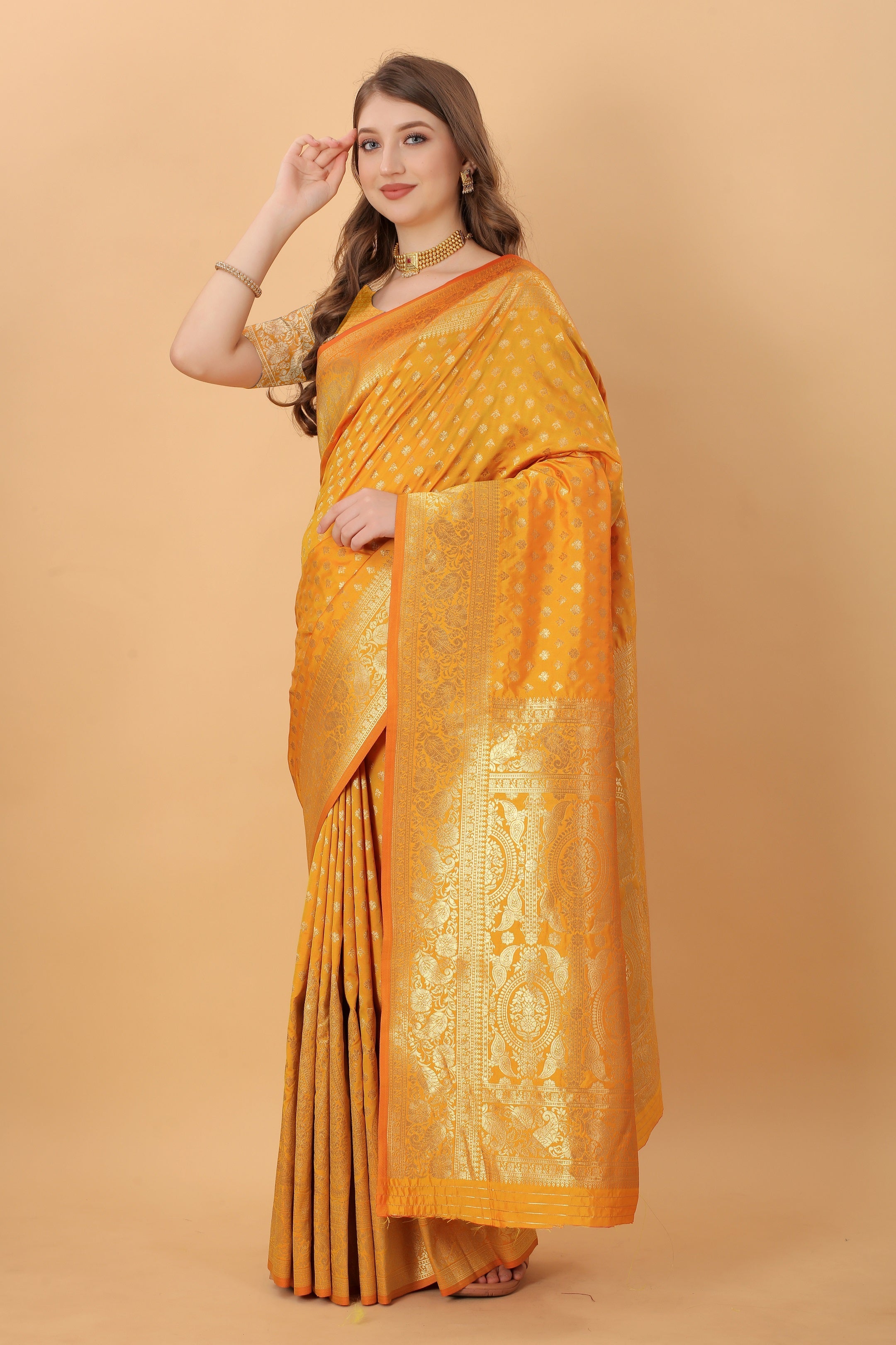 Vedant Vastram Soft Litchi Silk Kanjeevaram Saree - Mustard