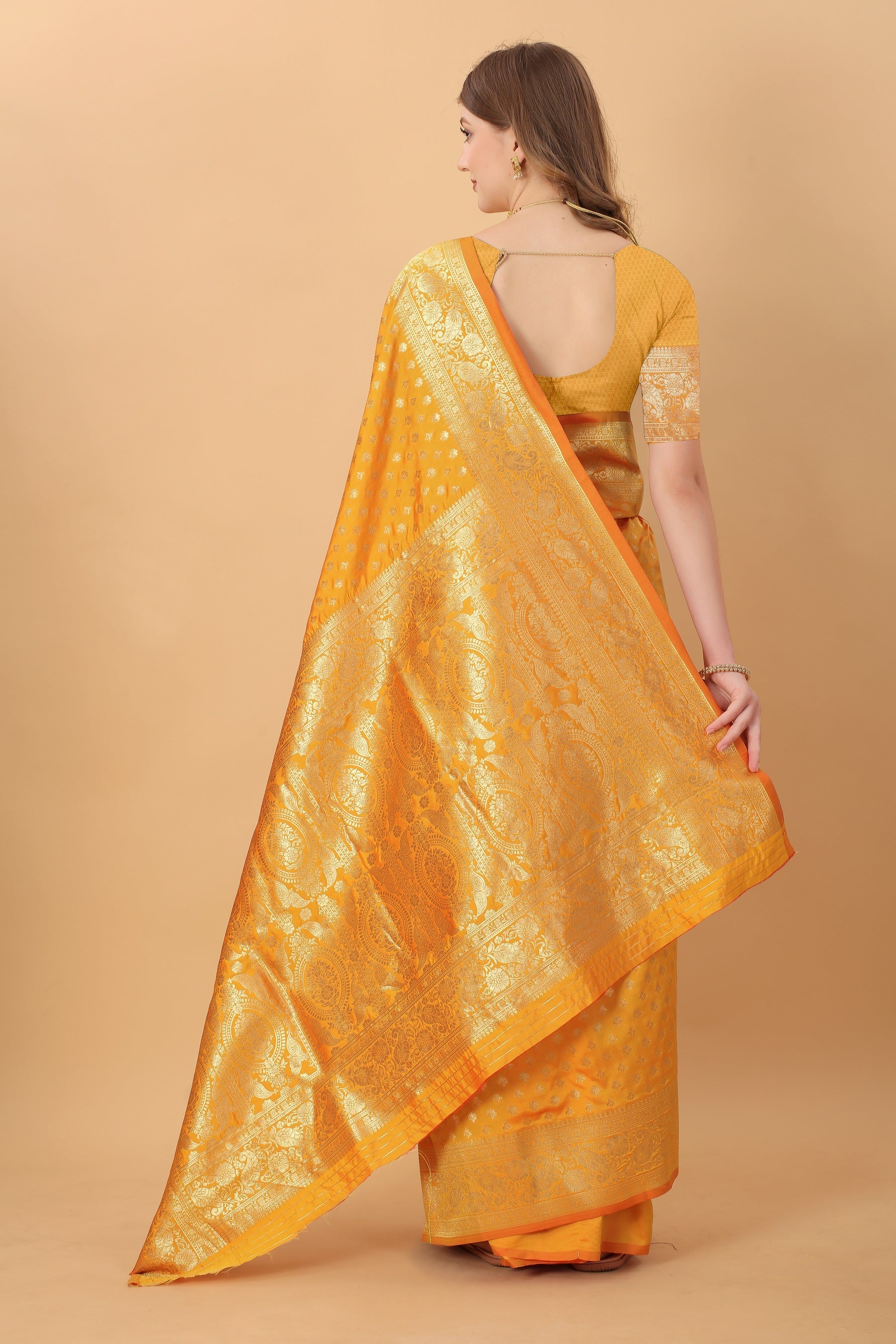 Vedant Vastram Soft Litchi Silk Kanjeevaram Saree - Mustard