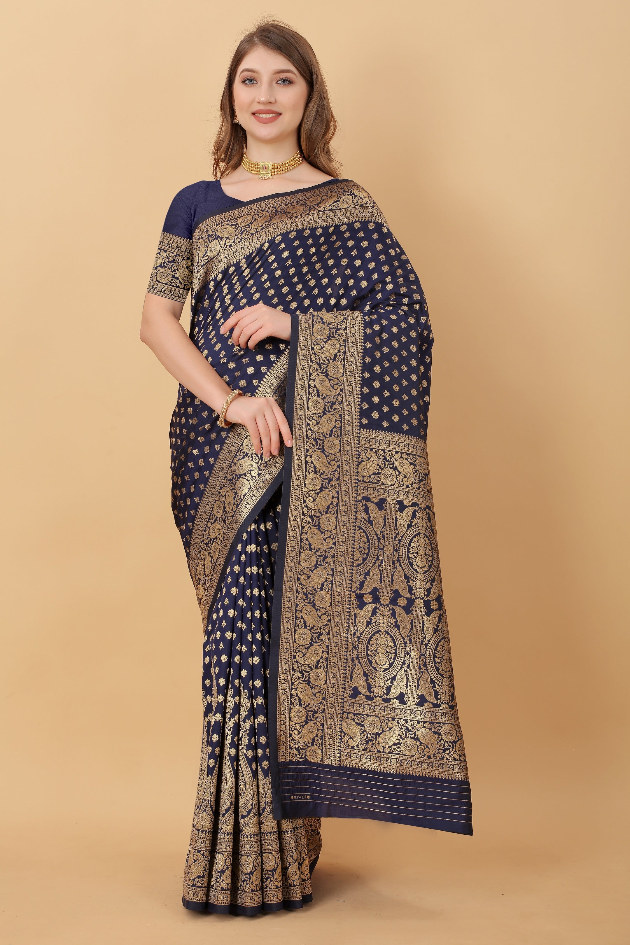 Vedant Vastram Soft Litchi Silk Kanjeevaram Saree - Navy