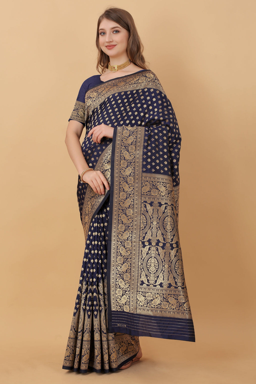 Vedant Vastram Soft Litchi Silk Kanjeevaram Saree - Navy