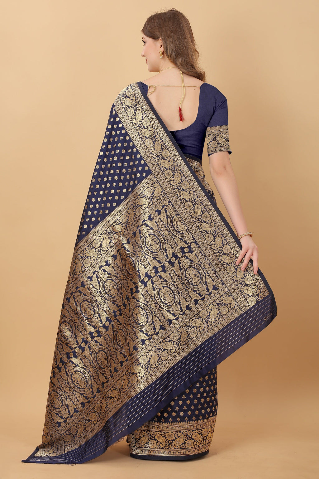 Vedant Vastram Soft Litchi Silk Kanjeevaram Saree - Navy