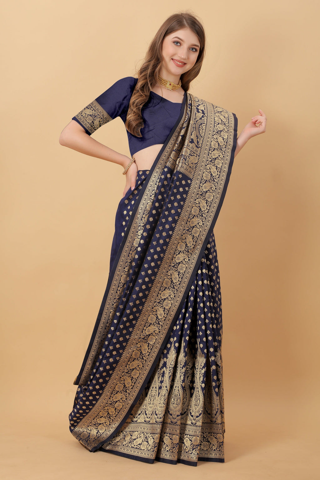 Vedant Vastram Soft Litchi Silk Kanjeevaram Saree - Navy