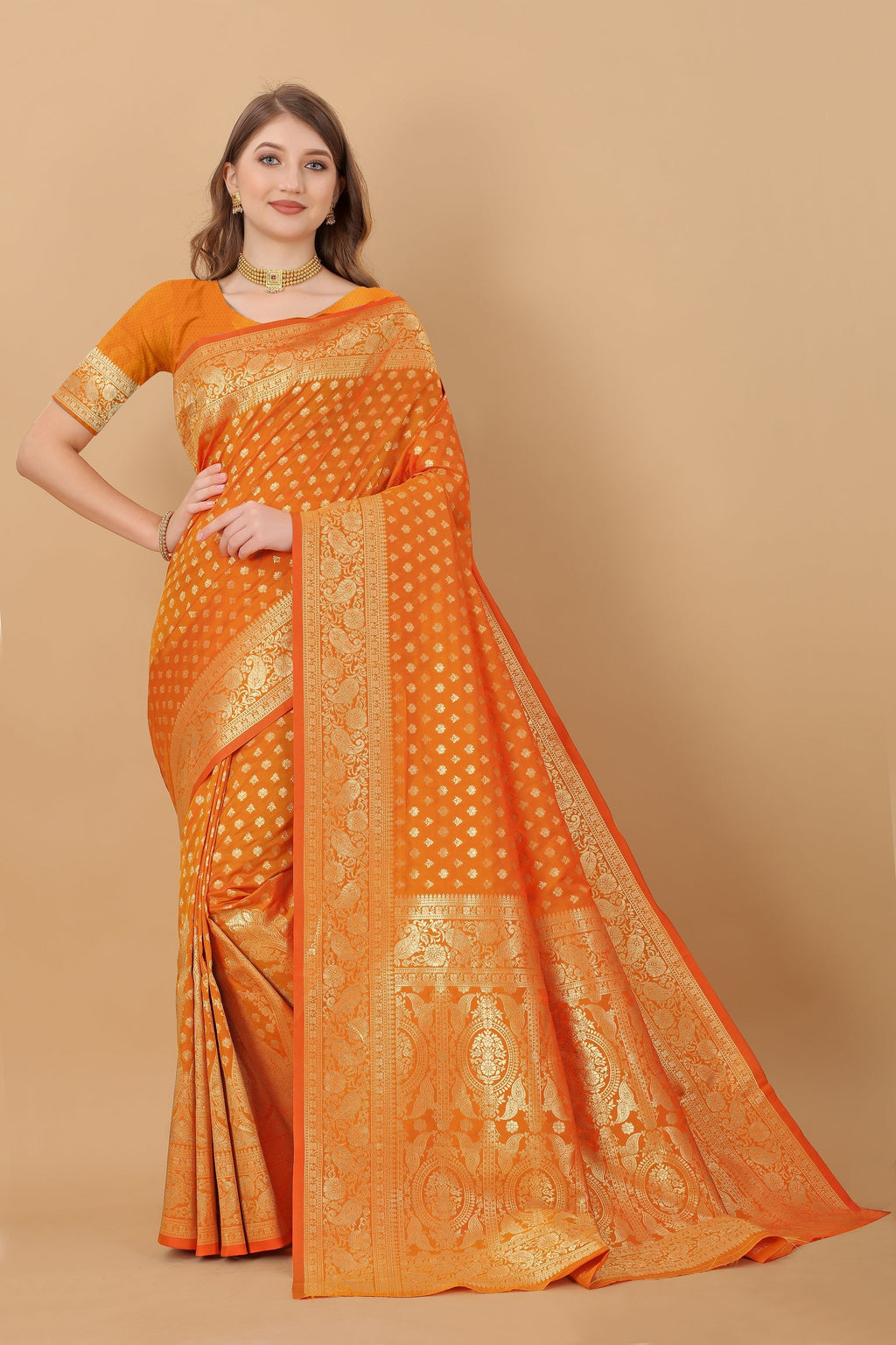 Vedant Vastram Soft Litchi Silk Kanjeevaram Saree - Orange